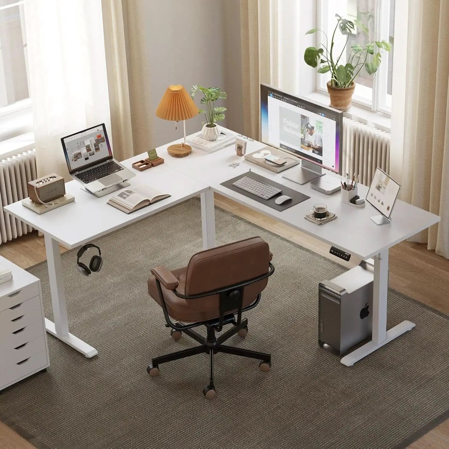 Electric L Shaped Standing Desk 63X55 White Sit Stand from PriceLows™