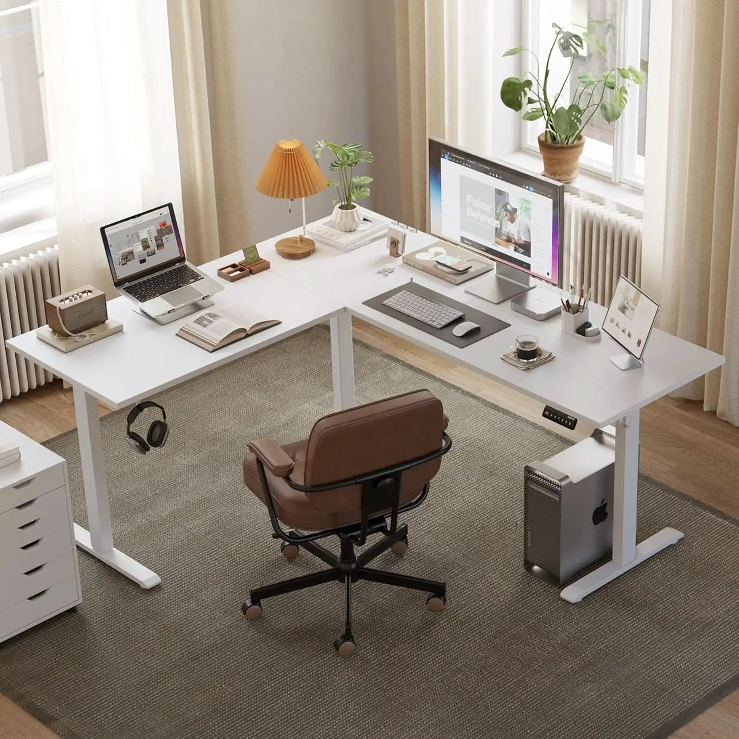 Electric L Shaped Standing Desk 63X55 White Sit Stand from PriceLows™