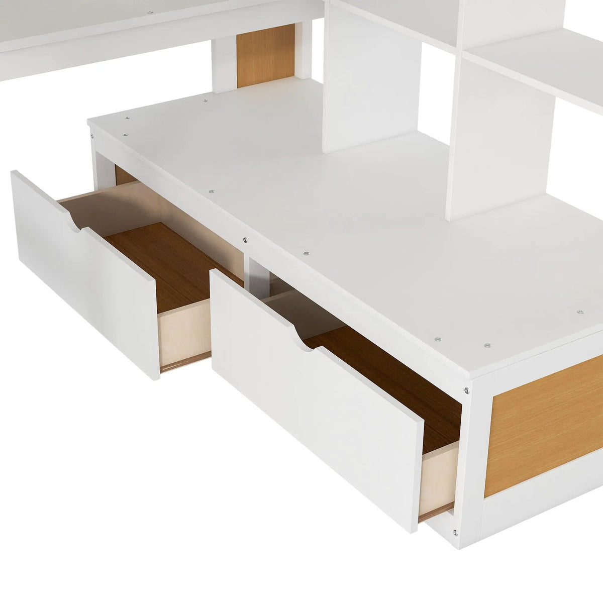 Full Size Loft Bed | Desk Shelves Drawers | Storage Staircase | Natural White