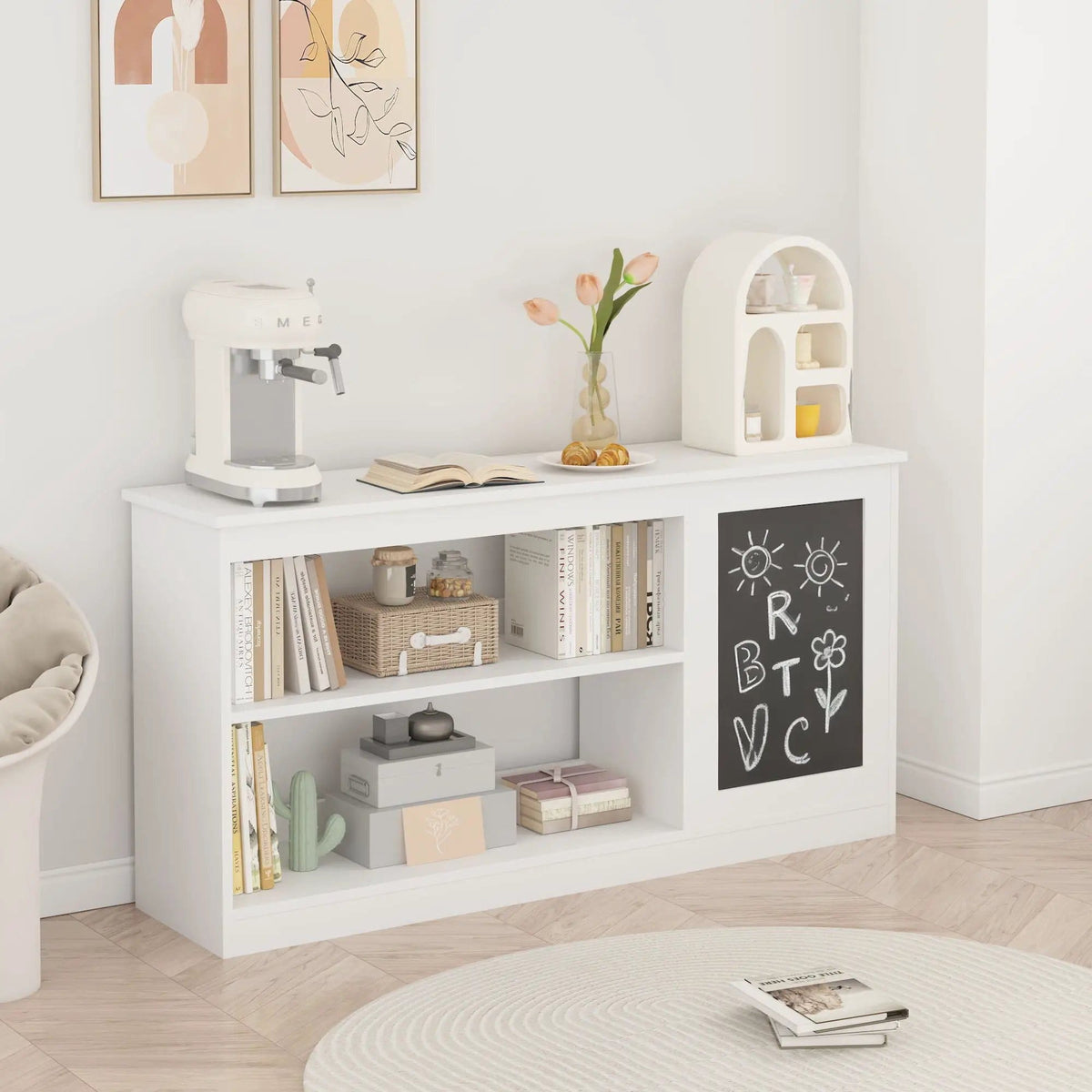 3 In 1 Bookshelf And Toy Storage Cabinet With Chalkboard, Organizer For Playroom | 46.65 x 11.81 x 23.62 in | Home Office Furniture | White