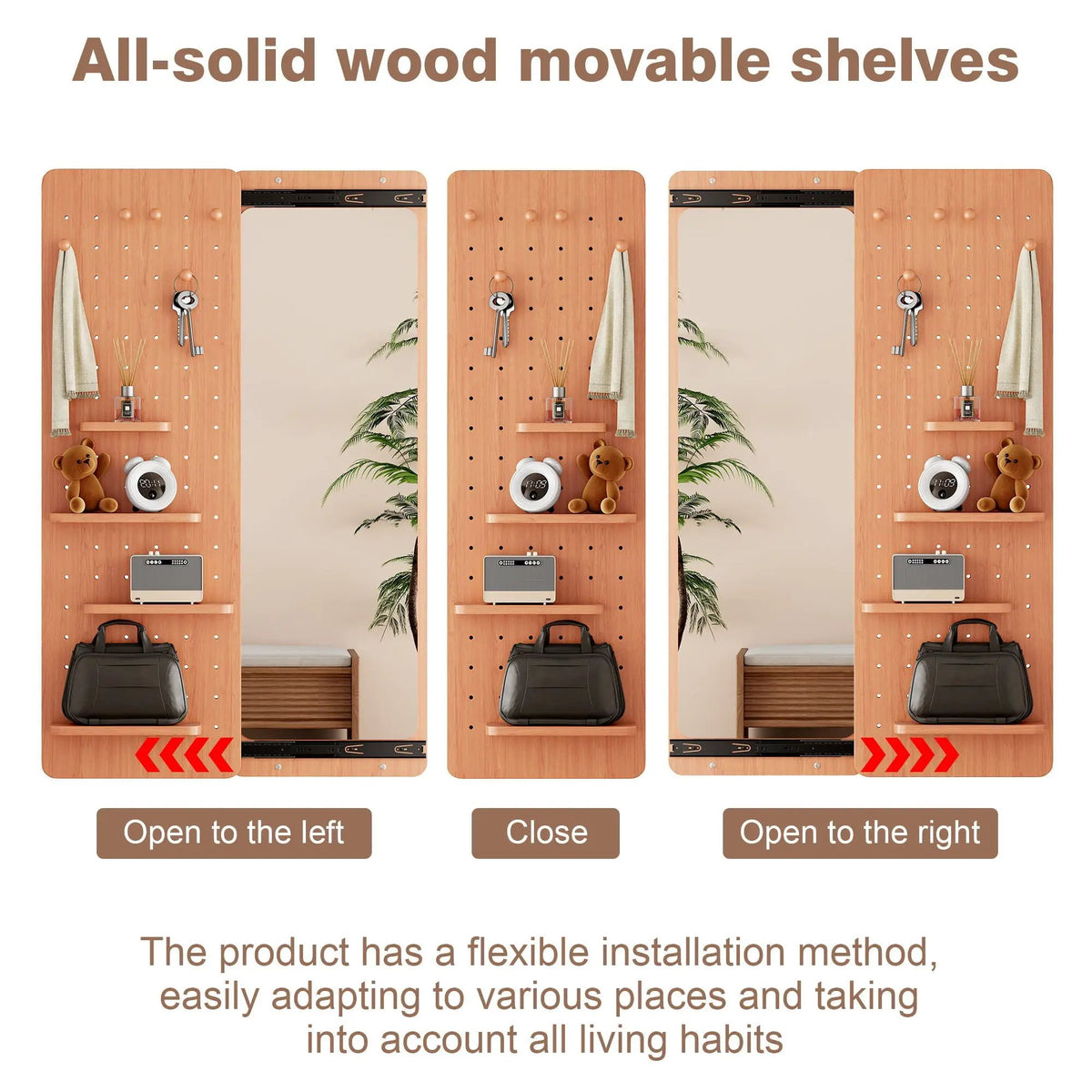 Wall Mounted Full Length Mirror | Shelf And Hook | Solid Rubber Wood | Push-Pull Removable Panel
