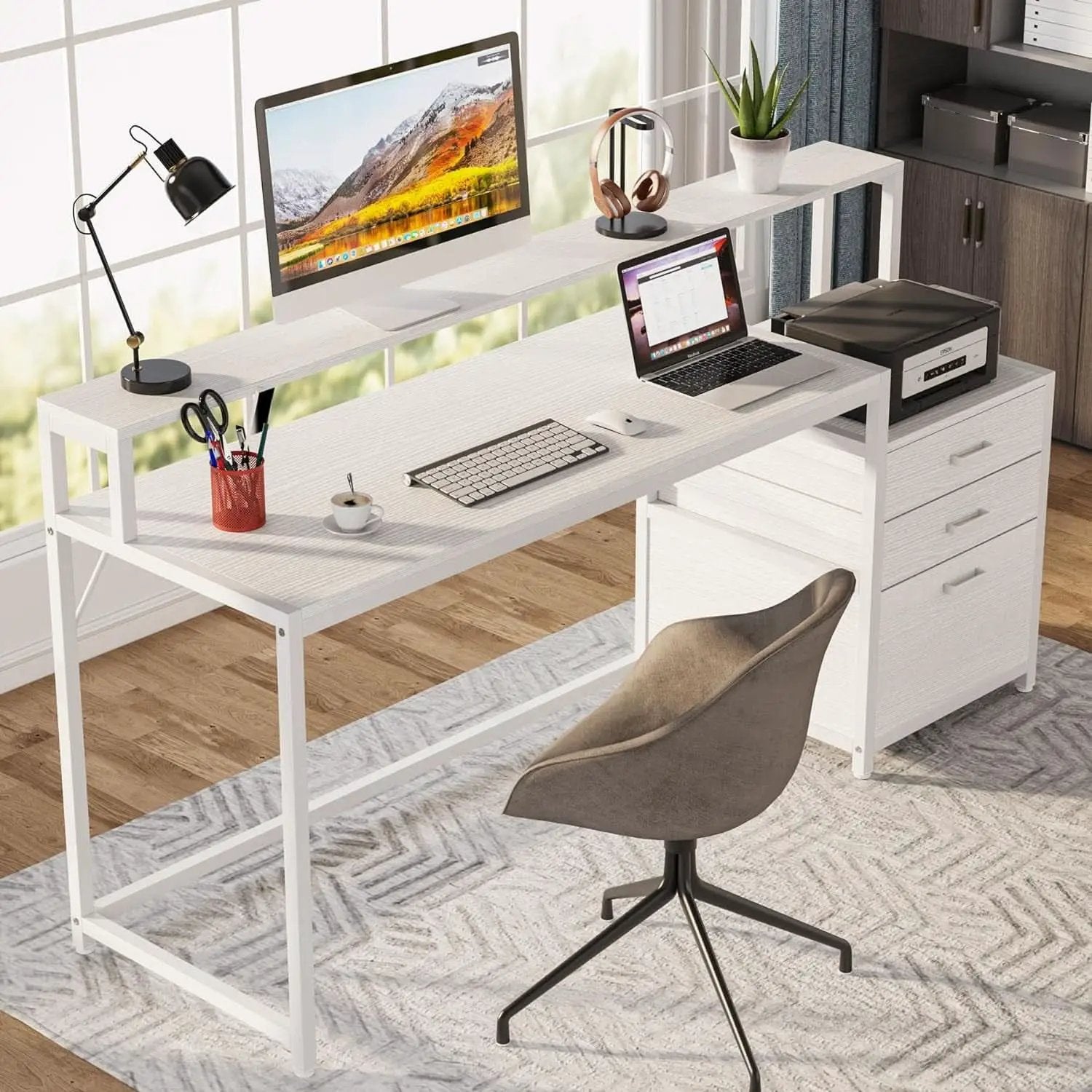 White Computer Desk With File Cabinet And Monitor Stand from PriceLows™