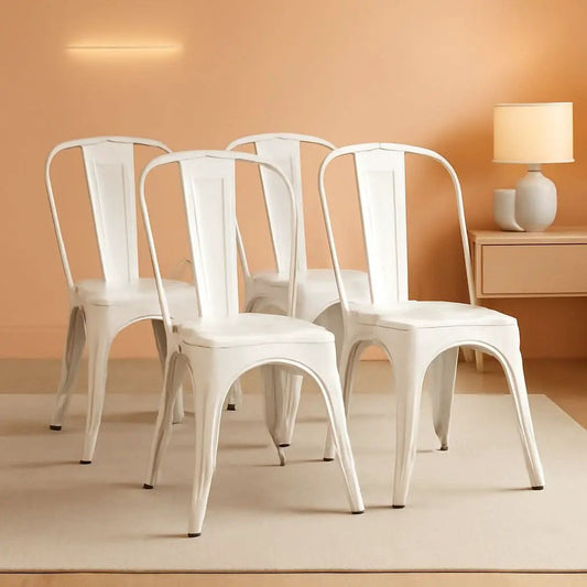 Stackable Distressed White Metal Dining Chairs For Indoor Outdoor Set Of 4 from PriceLows™
