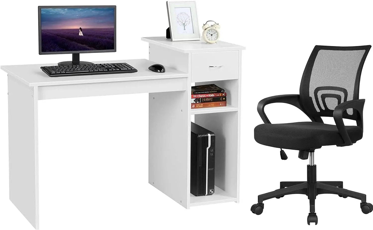 White 44 Inch Desk And Black Mesh Chair Set With Adjustable from PriceLows™