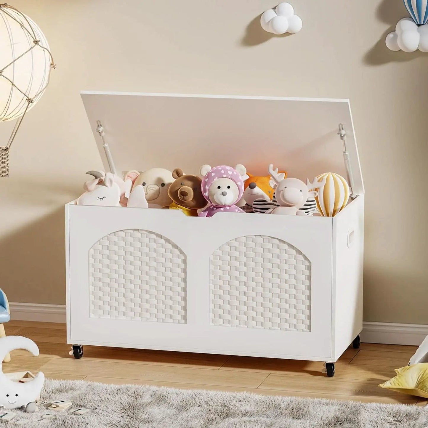 White Wooden Storage Bench On Wheels from PriceLows™