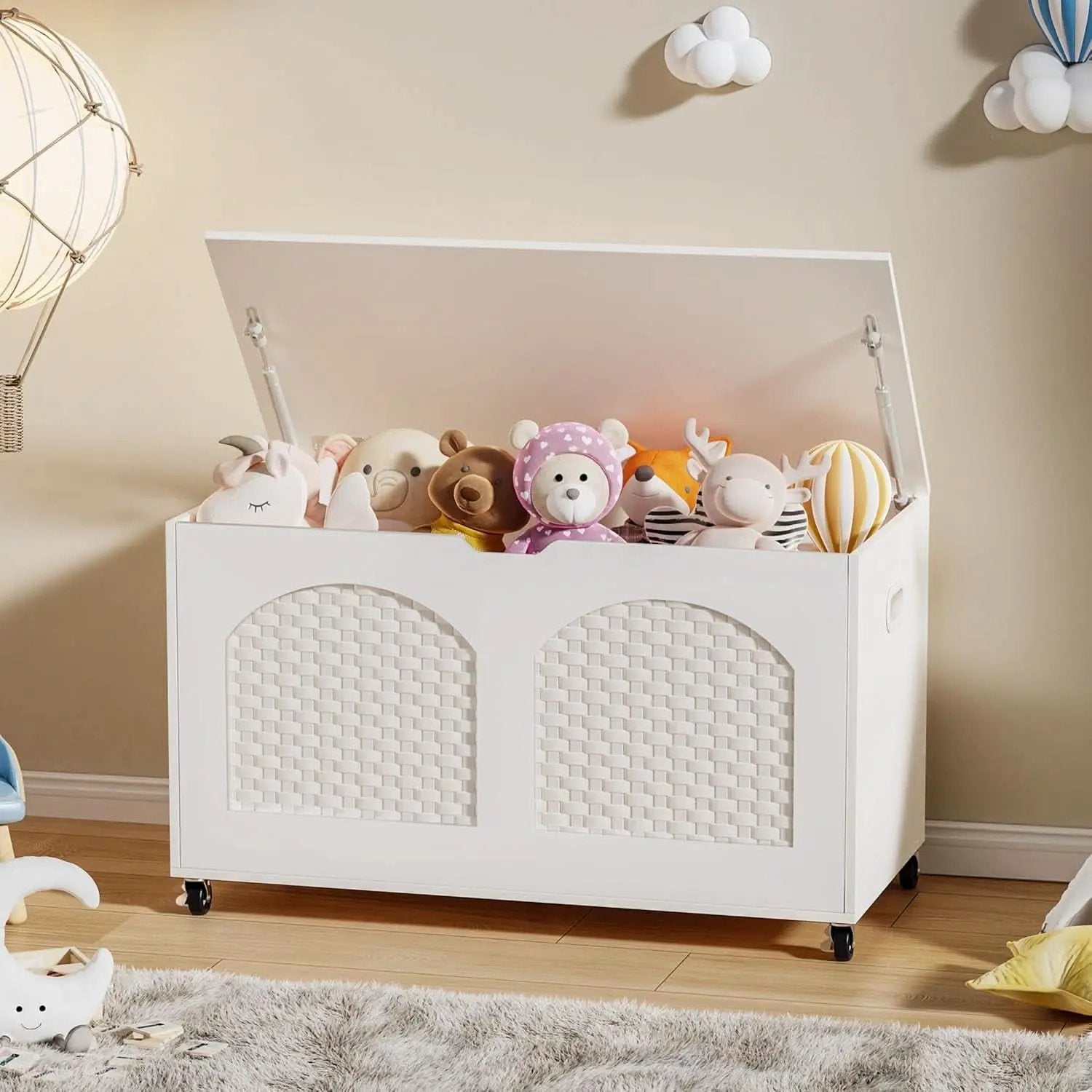 White Wooden Storage Bench On Wheels from PriceLows™
