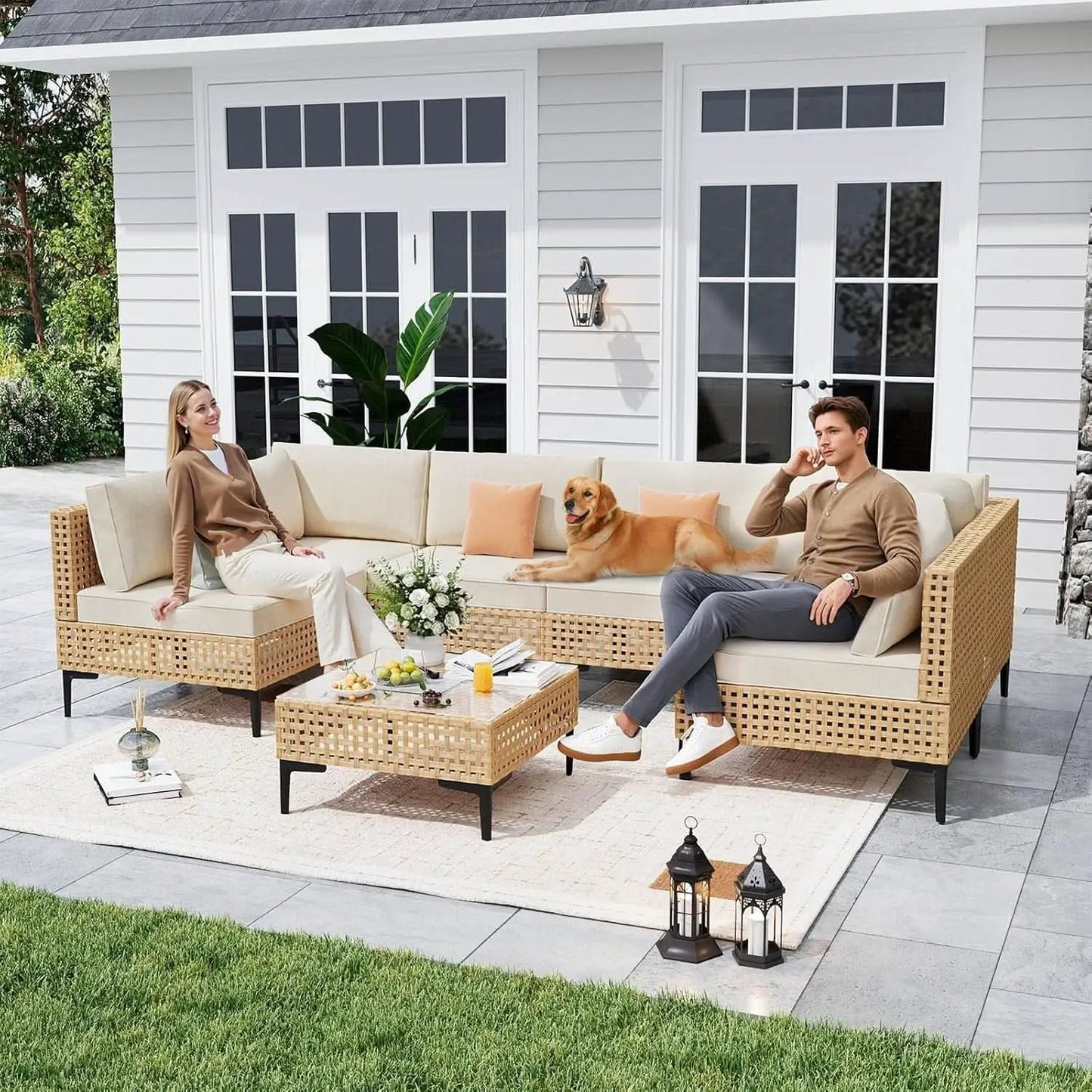 110 Inch Large 7 Piece Wicker Outdoor Patio Set Beige Cushions from PriceLows™