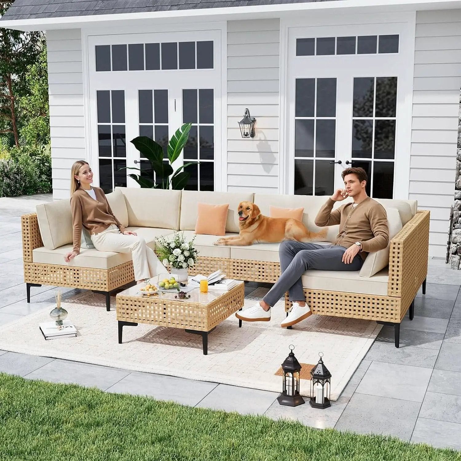 110 Inch Large 7 Piece Wicker Outdoor Patio Set Beige Cushions from PriceLows™