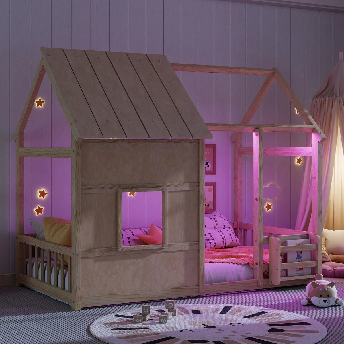 House Floor Bed | 7 Color LED Lights | Built In Bookshelf
