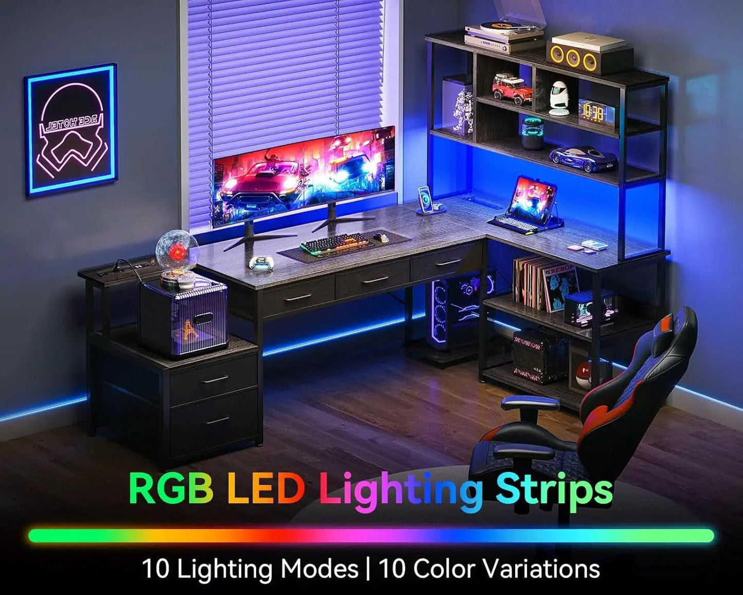 79 Inch L Shaped Desk With LED Lights Power Outlets from PriceLows™
