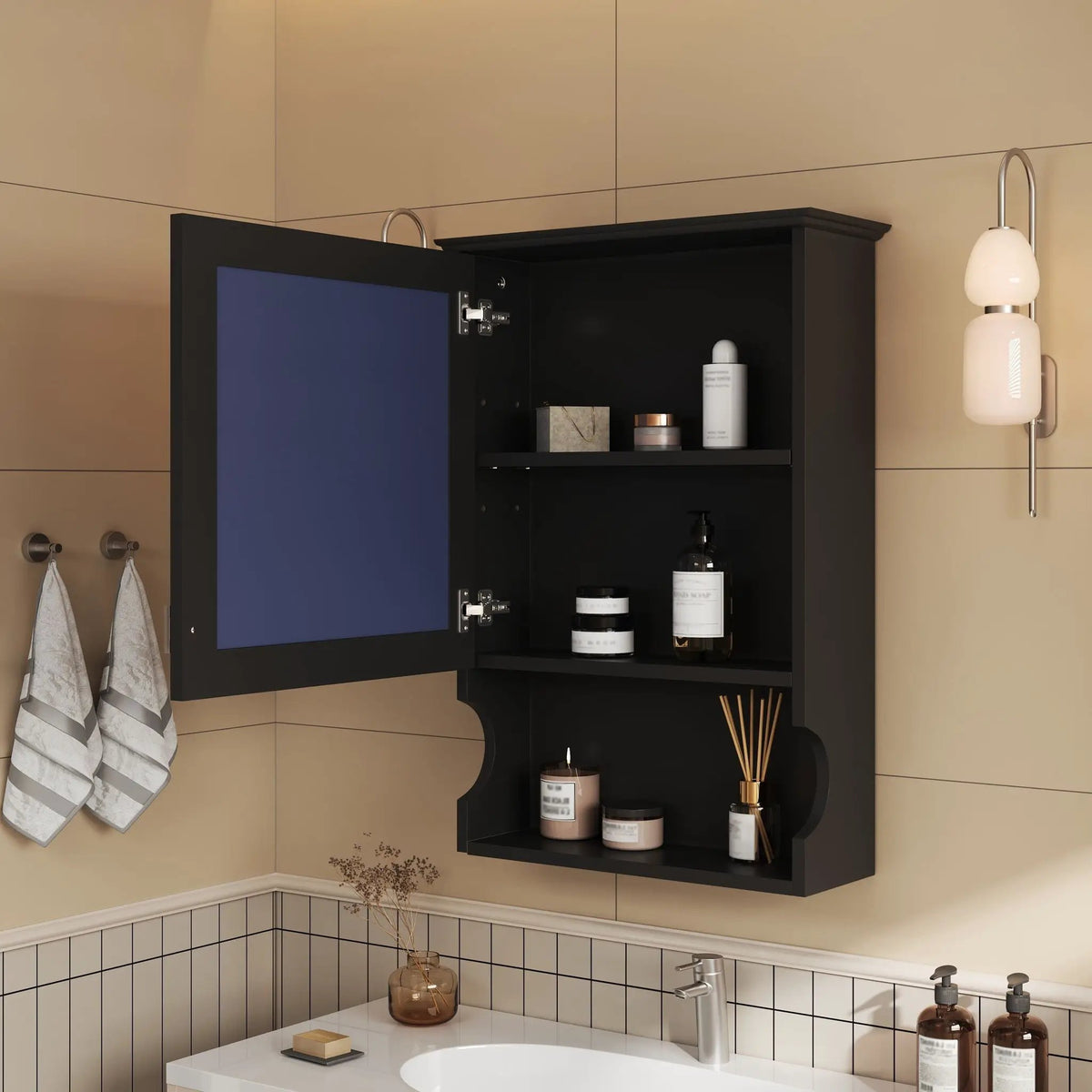 Half-Moon Wall Mounted Bathroom Cabinet | Mirror | Soft Closing Hinges | Open Shelving