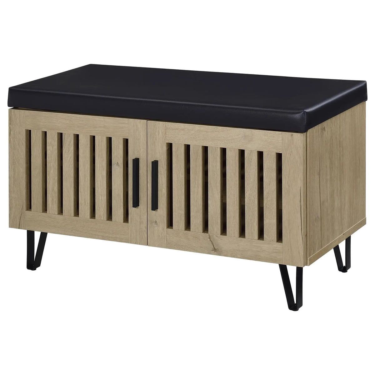 Brixton 2-door Padded Entryway Shoe Storage Bench White Shoe Cabinet | 31.5 x 15 x 19 in | Faux Leather & Metal | Oak