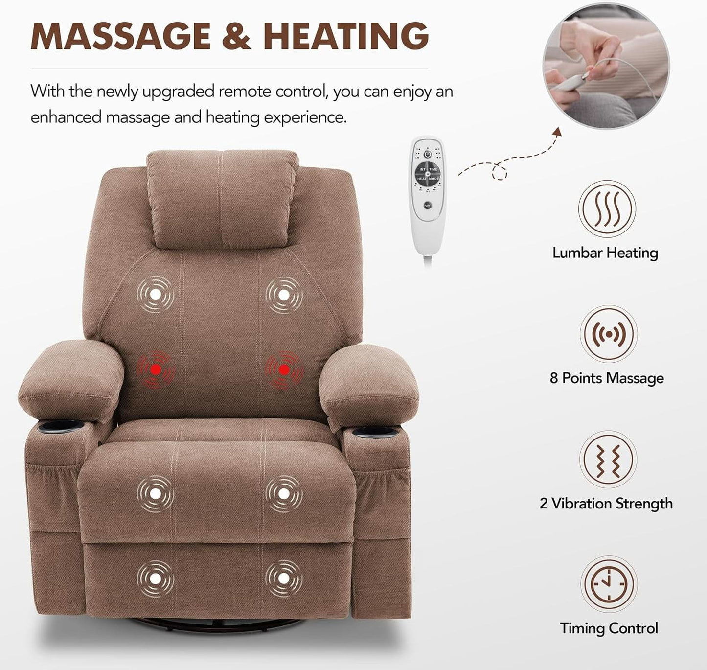 Oversized Swivel Rocker Recliner Chair With Heat Massage USB Port Brown Fabric from PriceLows™