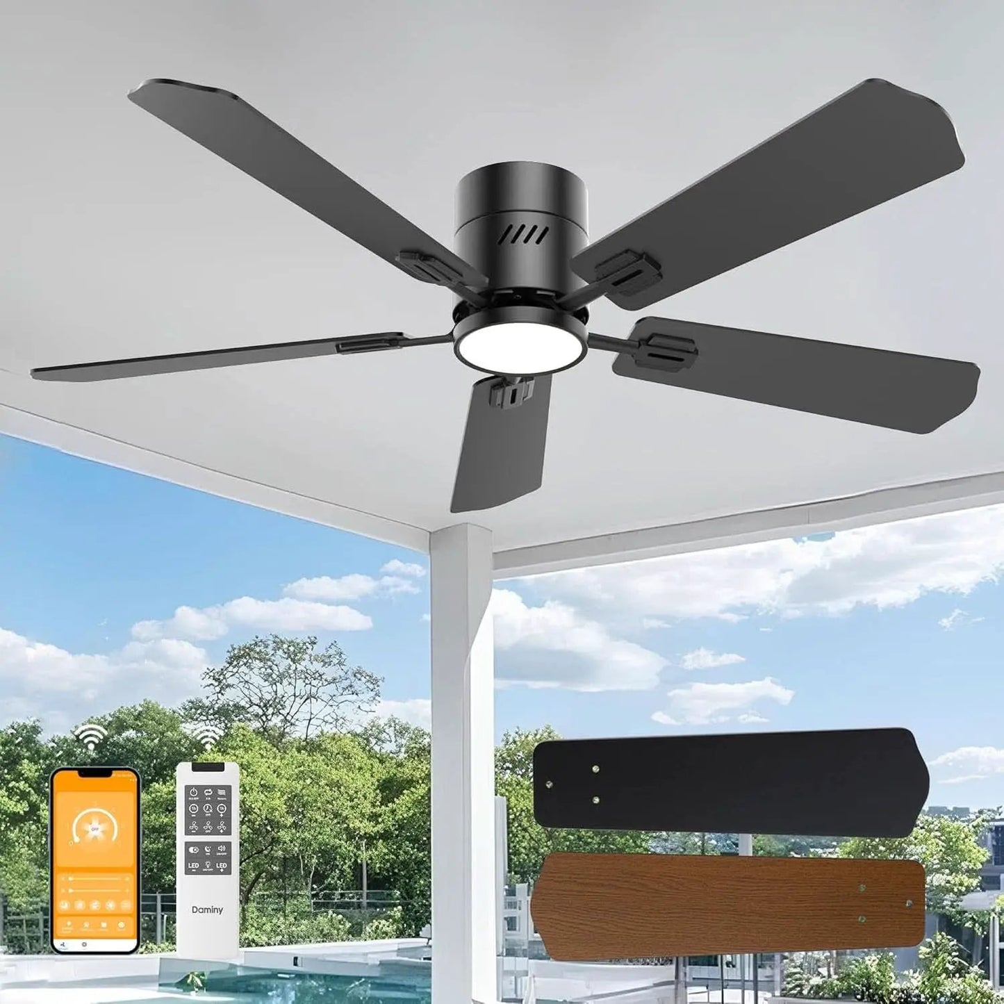 52 Inch Black Walnut DC Motor Ceiling Fan With Light Remote from PriceLows™