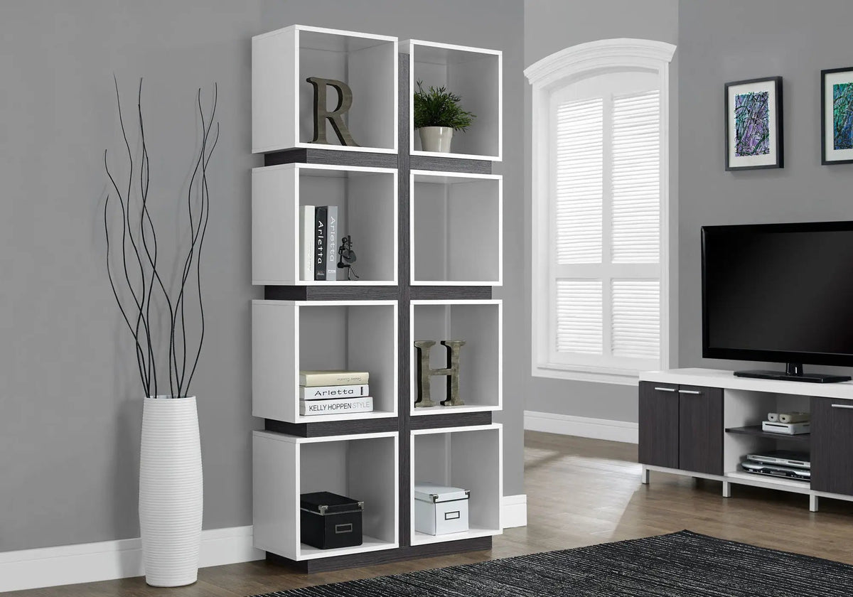 White 8-Cube Bookshelf | 5 Tier Etagere | 71.25 Inch Height | Two-Tone Finish