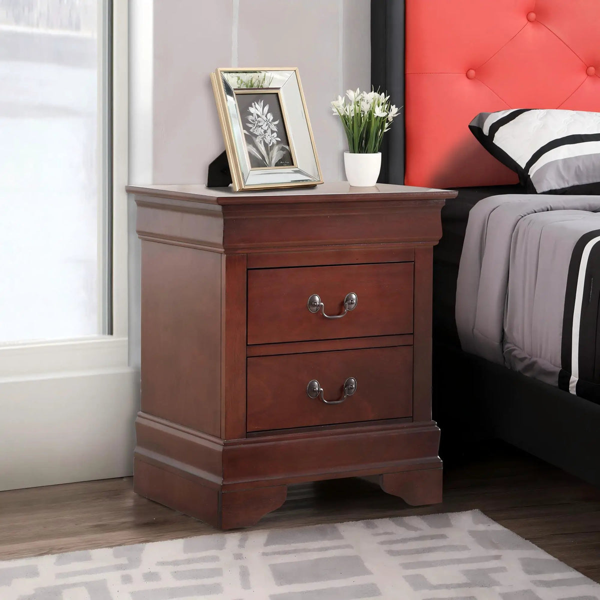Traditional Bedroom Nightstand | Carved Bases | English Dovetailed Drawers | Metal Center Guides