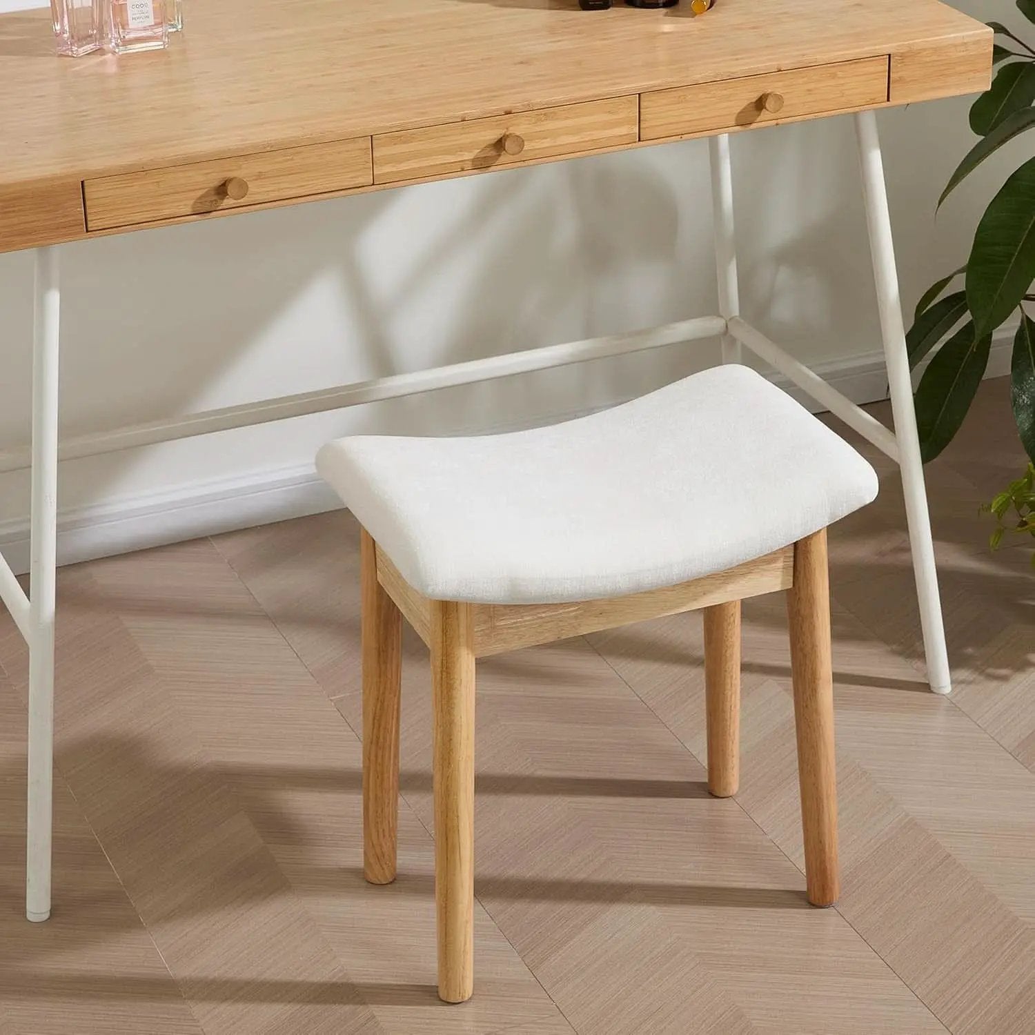 Beige Velvet Upholstered Vanity Stool 18 Inch Chair from PriceLows™