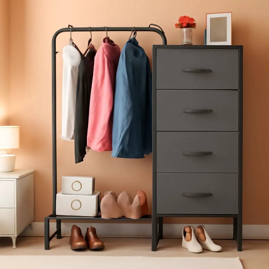 Dresser With Hanging Rack 44 Inch Tall Grey Four Drawer from PriceLows™