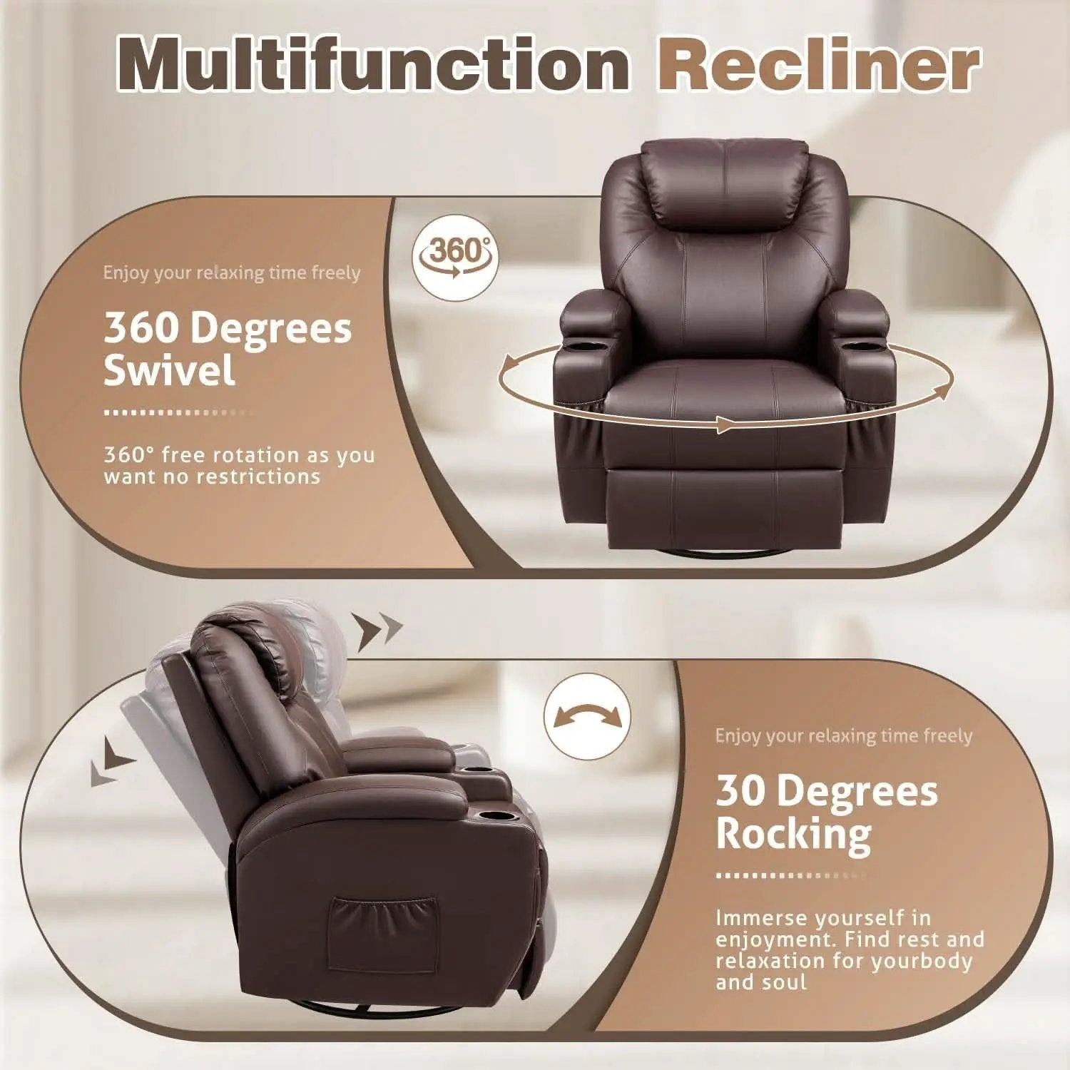 Dark Brown 360 Degree Swivel Recliner Chair With Massage from PriceLows™