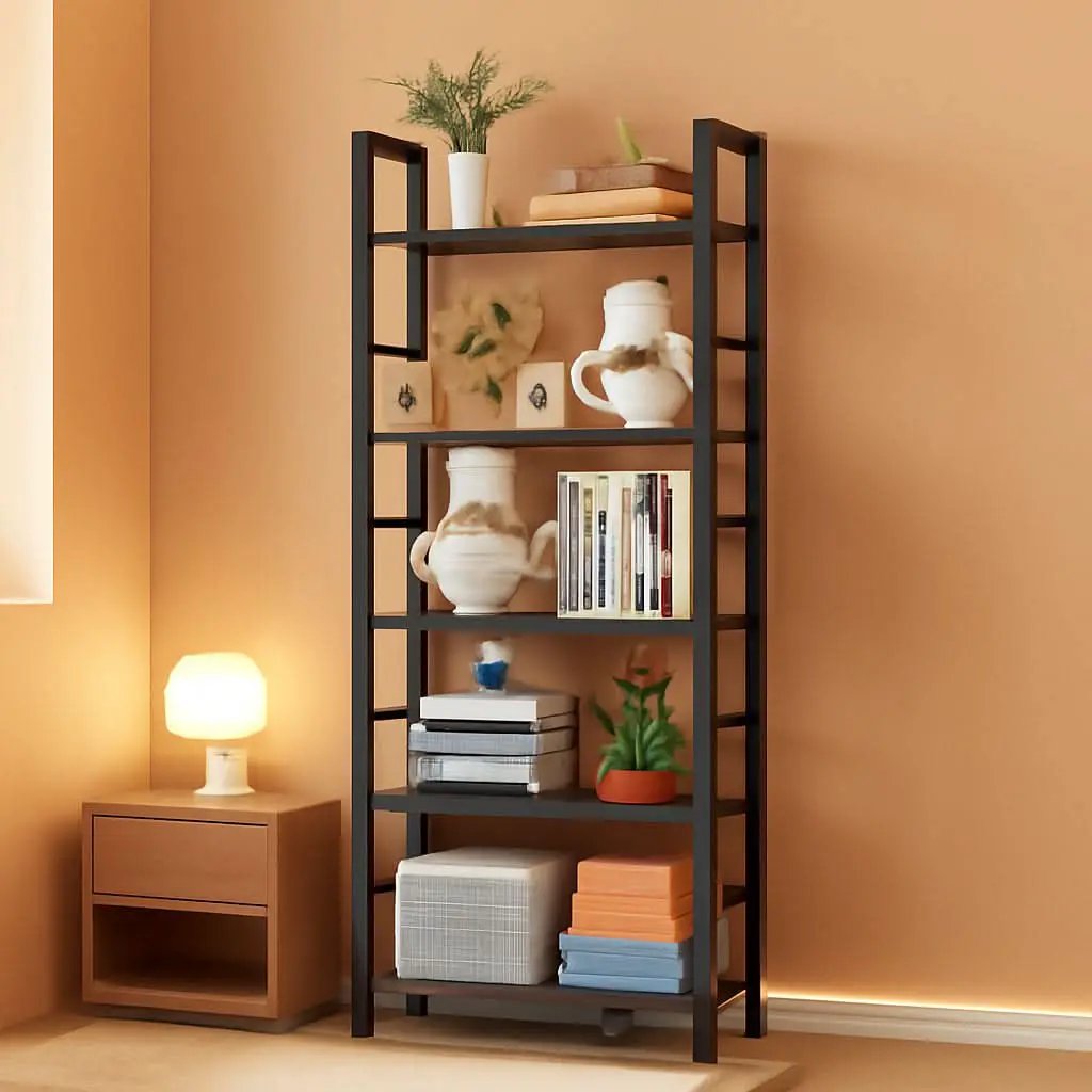 Black 5 Tier Bookcase Space Saving Tall Studio Home Office from PriceLows™