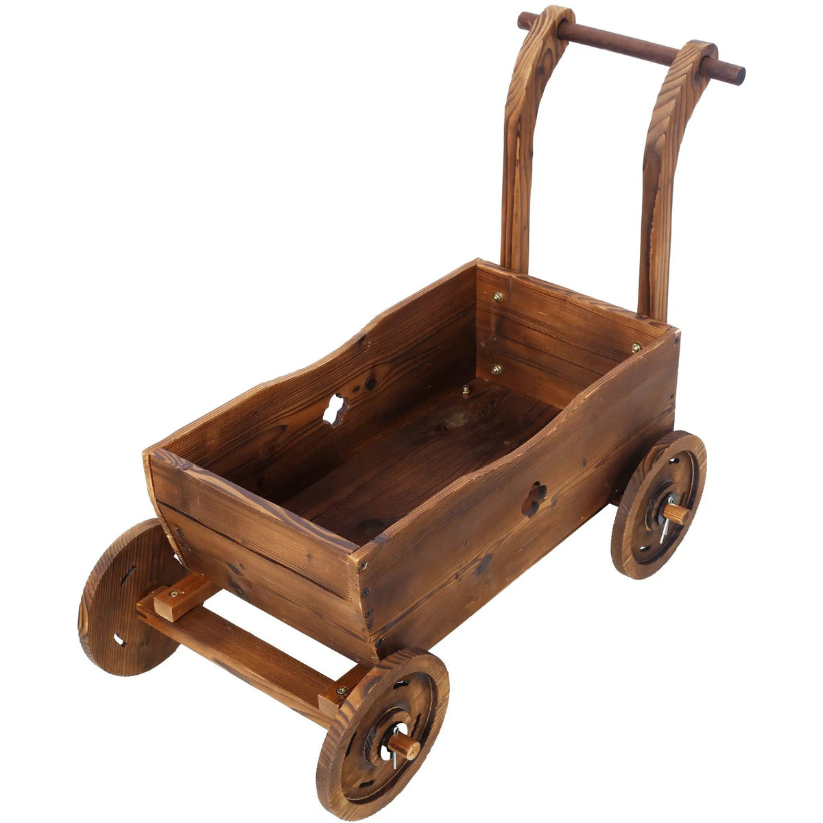 Wooden Wagon Planter Box | Four Sturdy Wheels | Ergonomic Handle | Brown