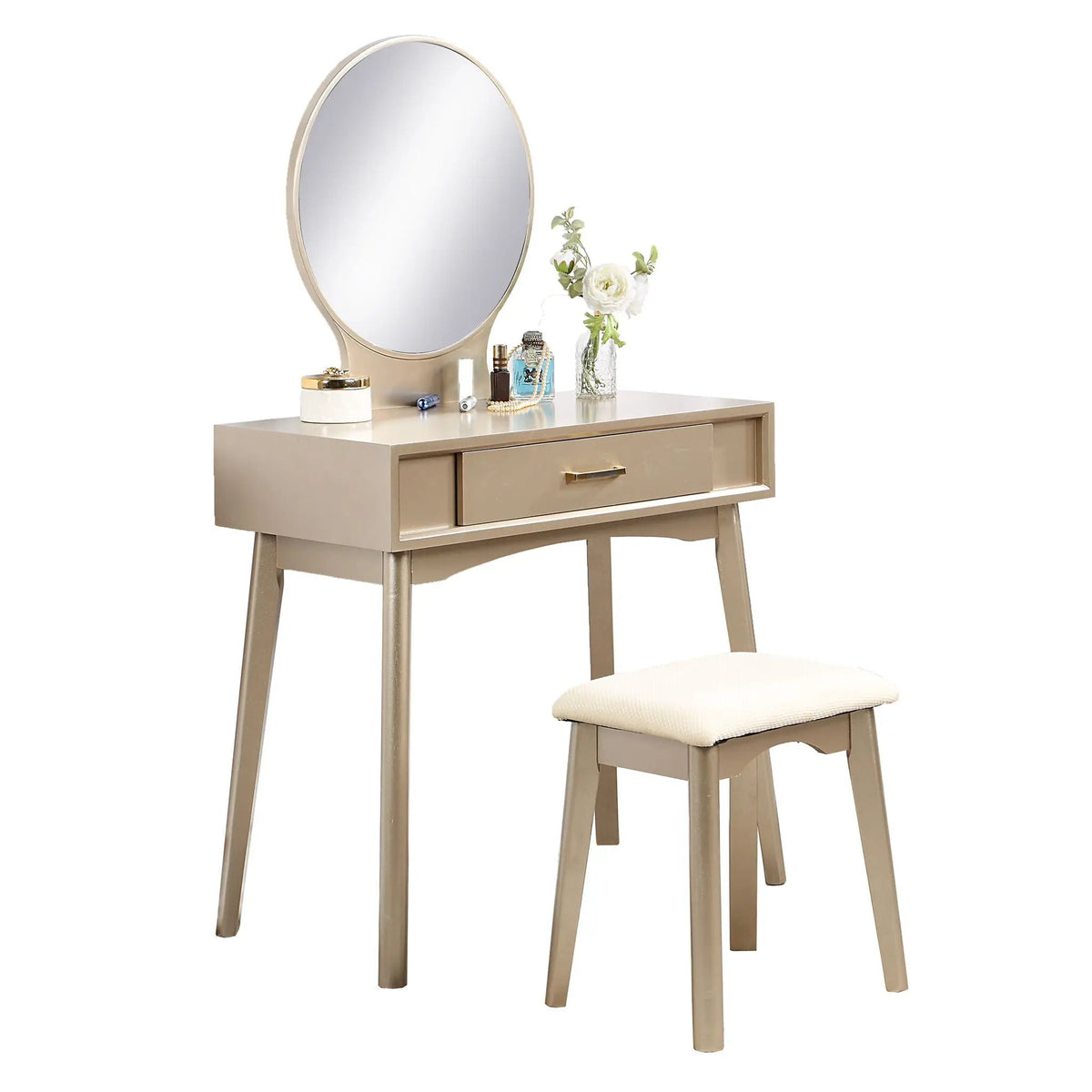 Maly Vanity And Stool Set | Contemporary Wood | Gold Finish | Solid Rubberwood Frame