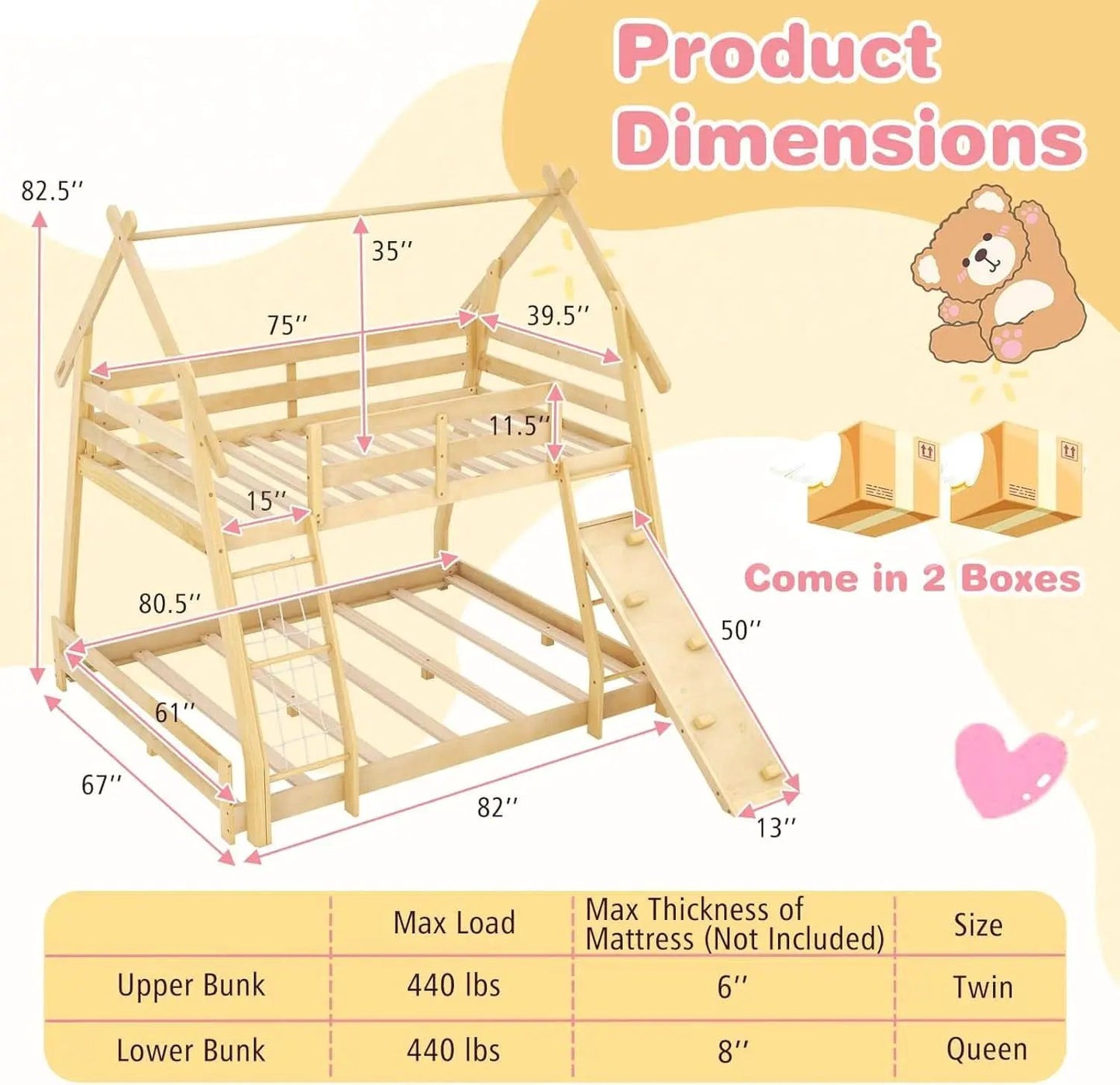 Twin Over Queen Bunk Bed With Climbing Nets Ramp Natural from PriceLows™
