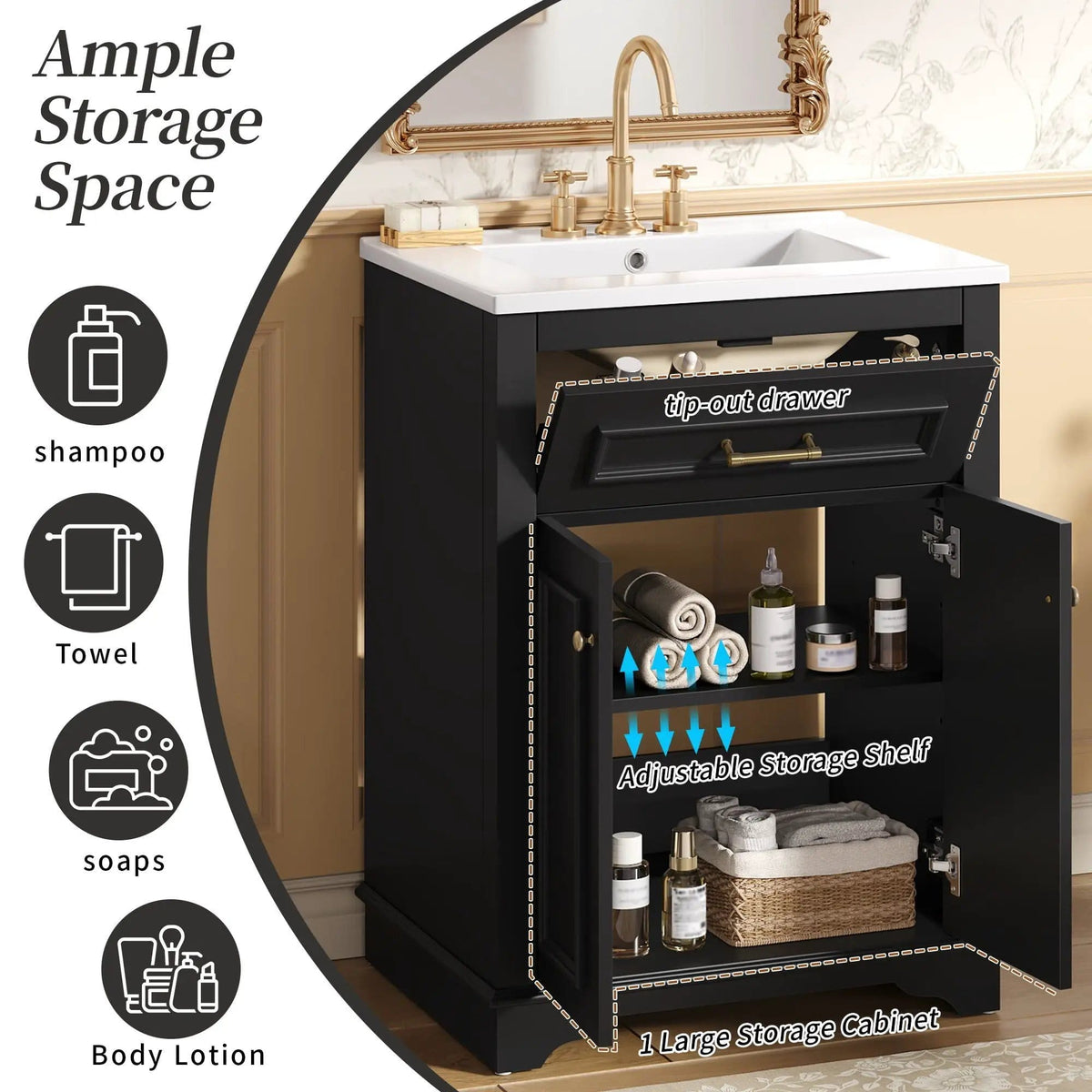 Bathroom Vanity With Integrated Sink, 2 Door Cabinet With Tip Out Drawer | 3 Pieces | Solid Wood & Iron | Bathroom