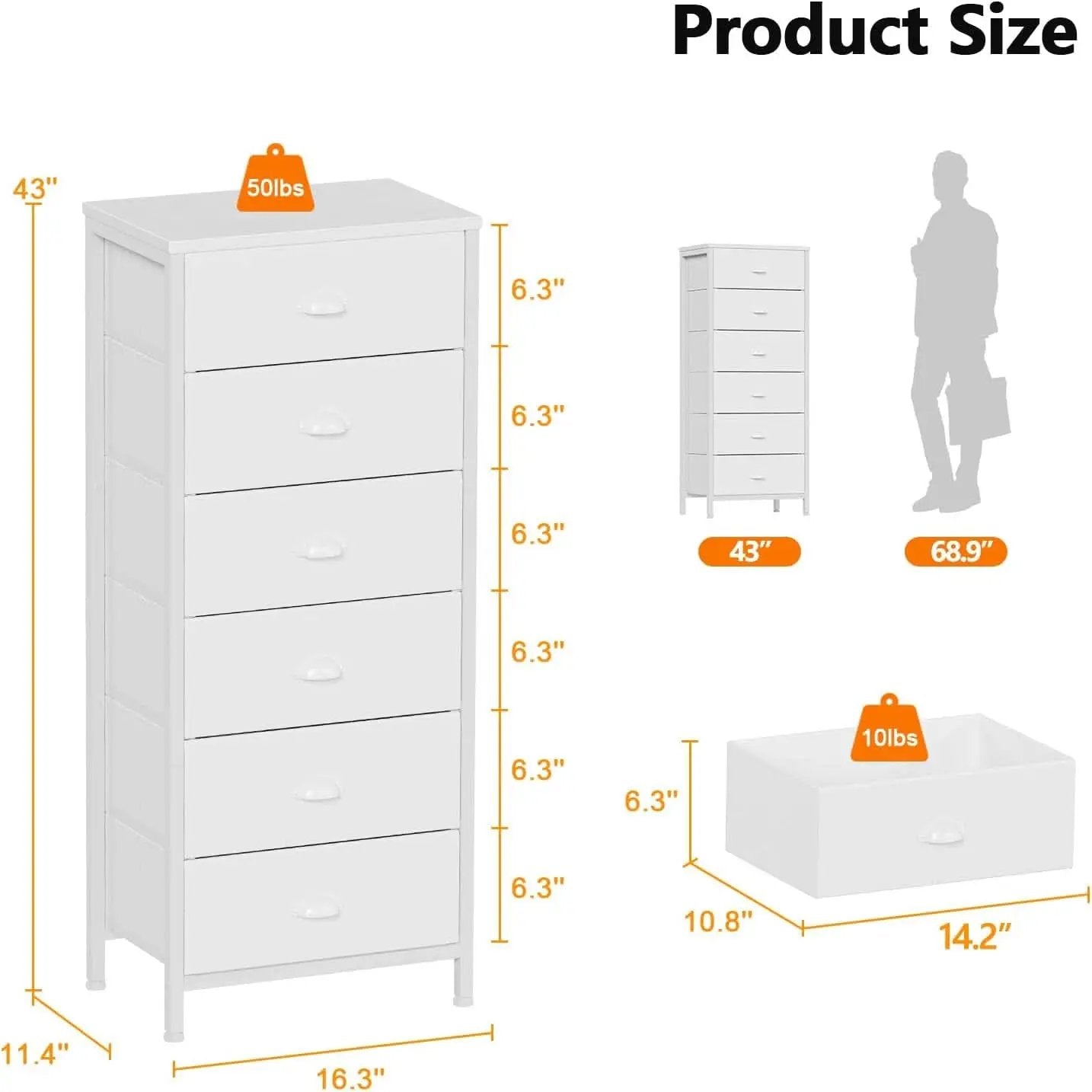 White Tall Dresser With Six Fabric Drawers For Organization from PriceLows™