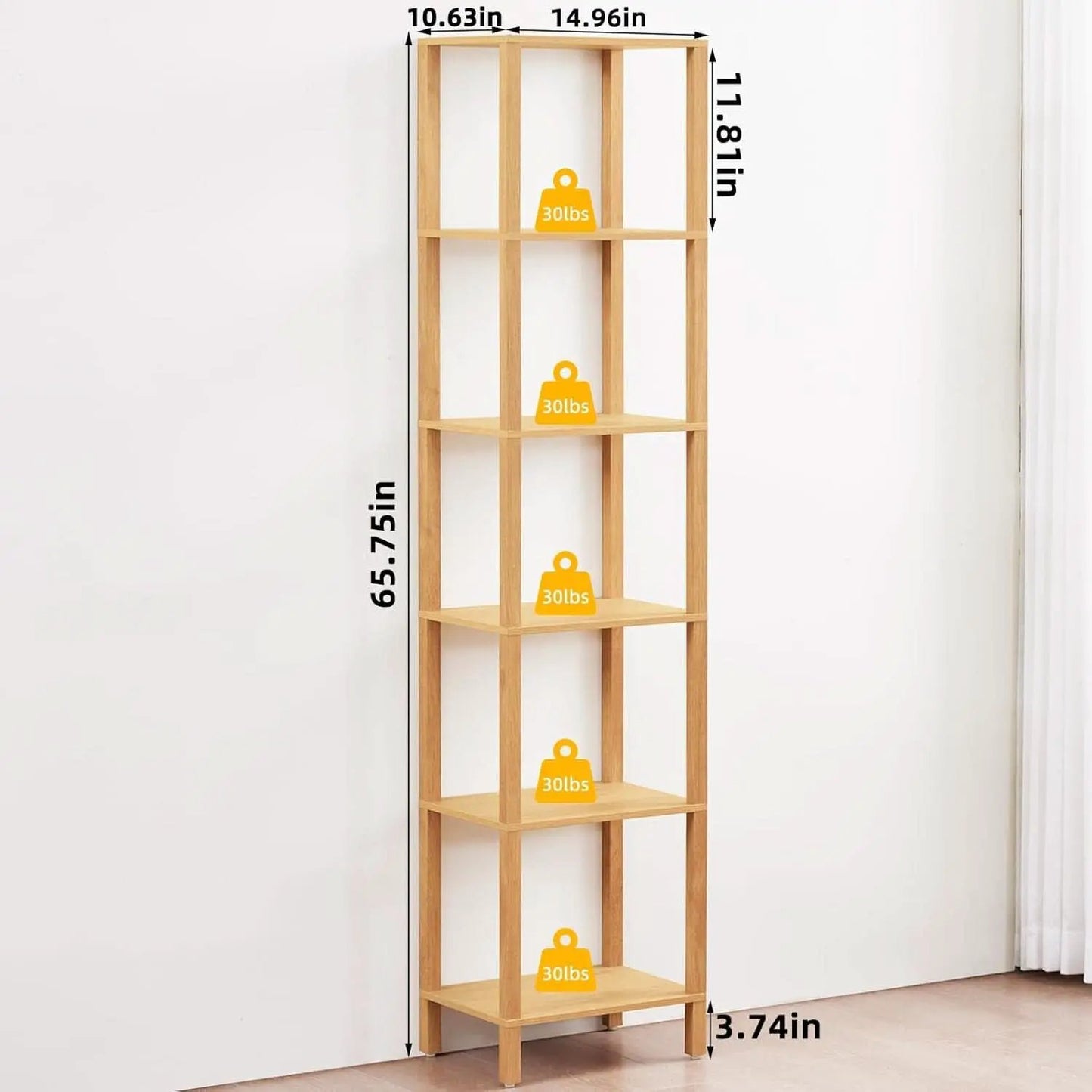 66In Tall 6 Tier Narrow Wood Bookcase Slim Shelf Living Room from PriceLows™