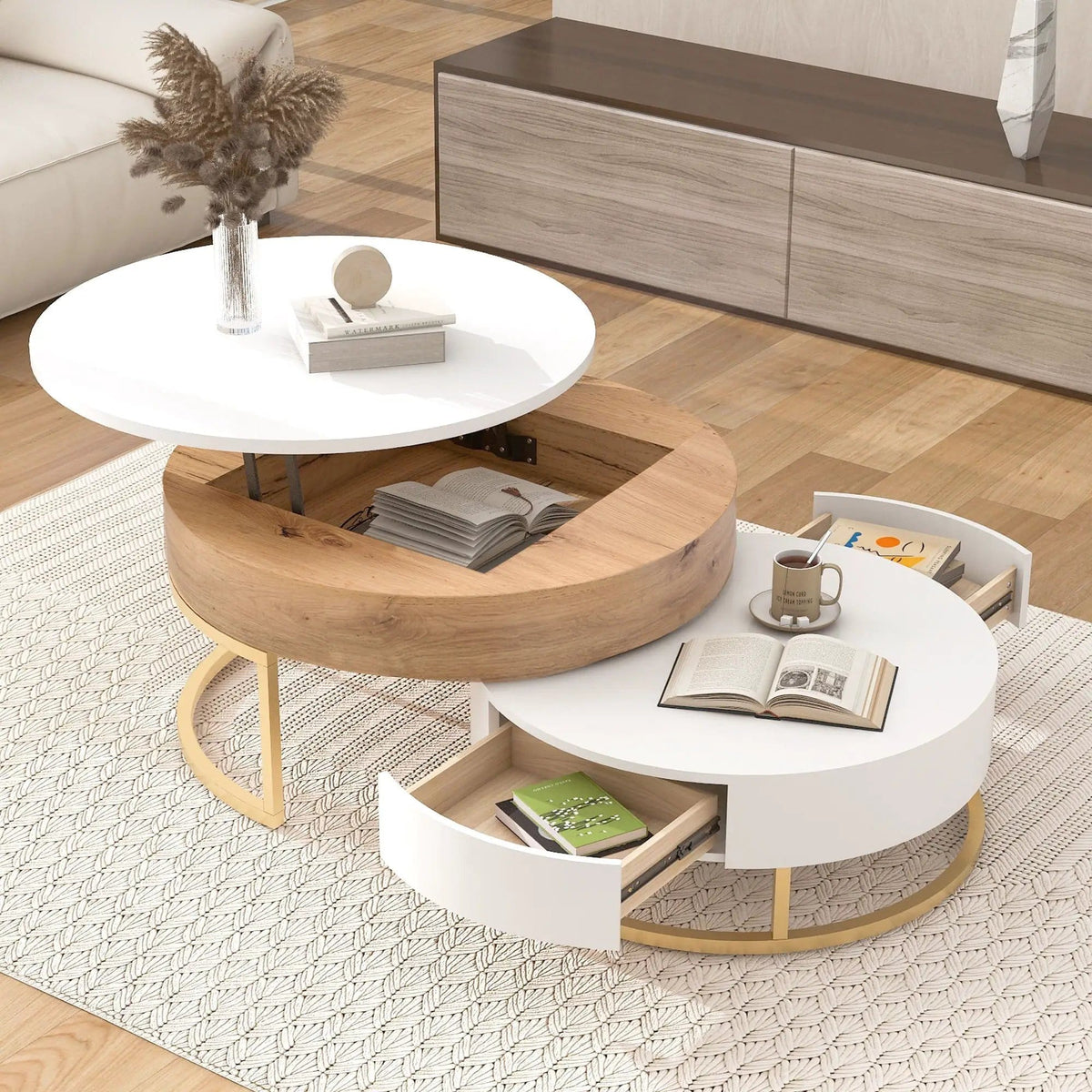 Modern Round Lift-Top Nesting Coffee Tables With 2 Drawers | 31.5 x 31.5 x 15.7 in | Metal | Living Room