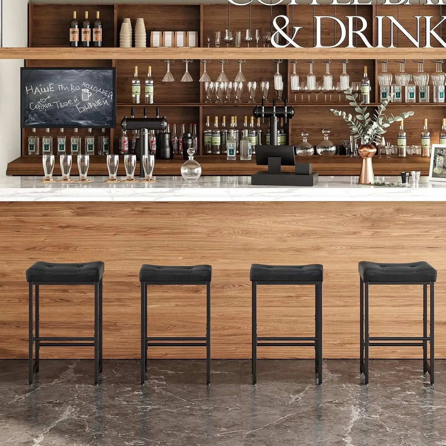 Bar Stools 25 Inch Counter Height With PU Upholstery Black from PriceLows™
