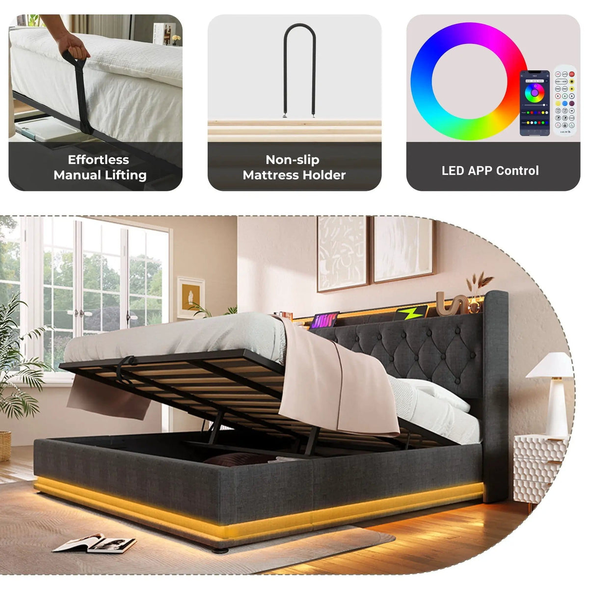 Upholstered Bed, 360 Surround LED Function, Remote Control, Hydraulic Storage Bed | 8 Pieces | Fabric & Iron | Bedroom