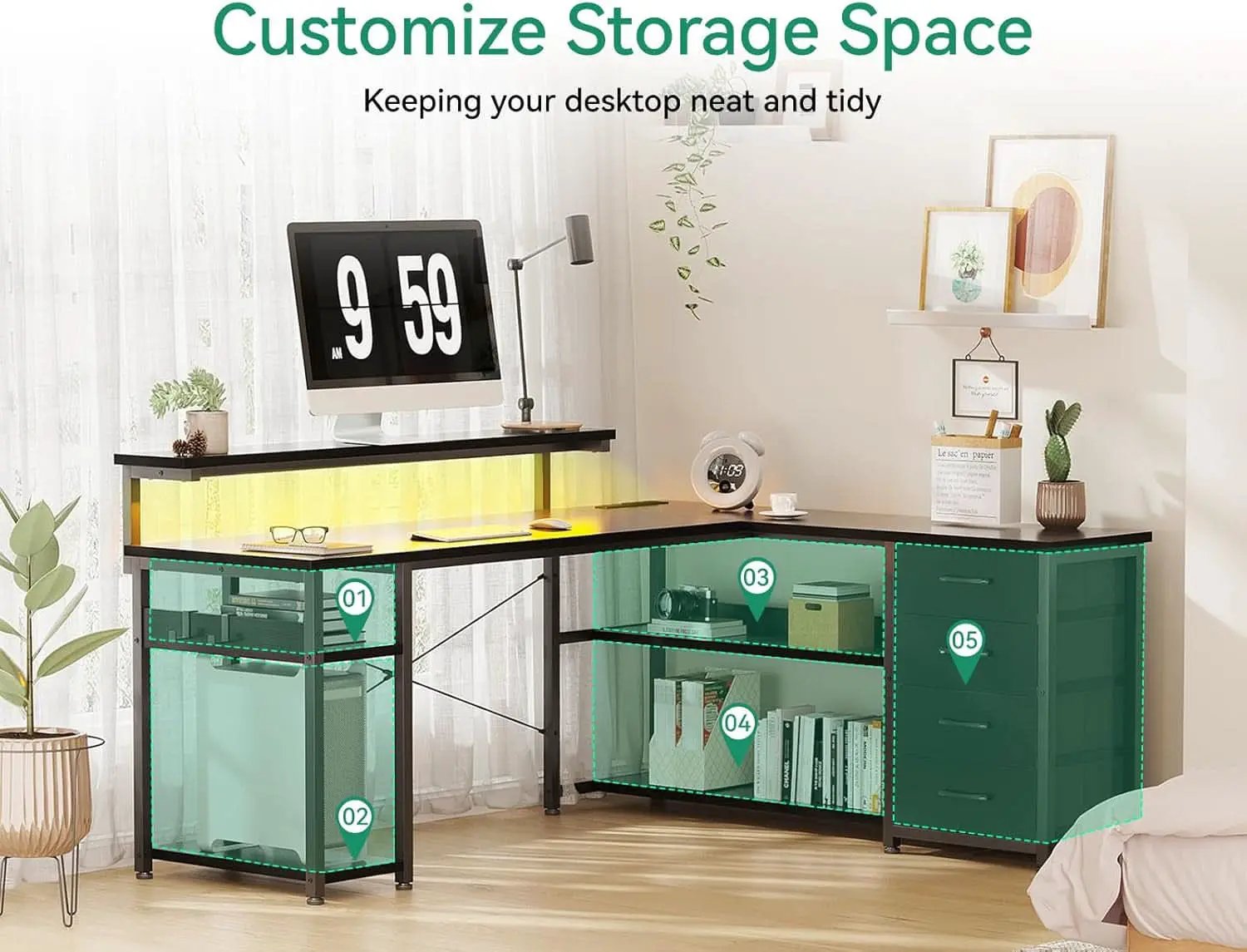 61 Inch L Shaped Desk With Power Outlets For Home Office from PriceLows™