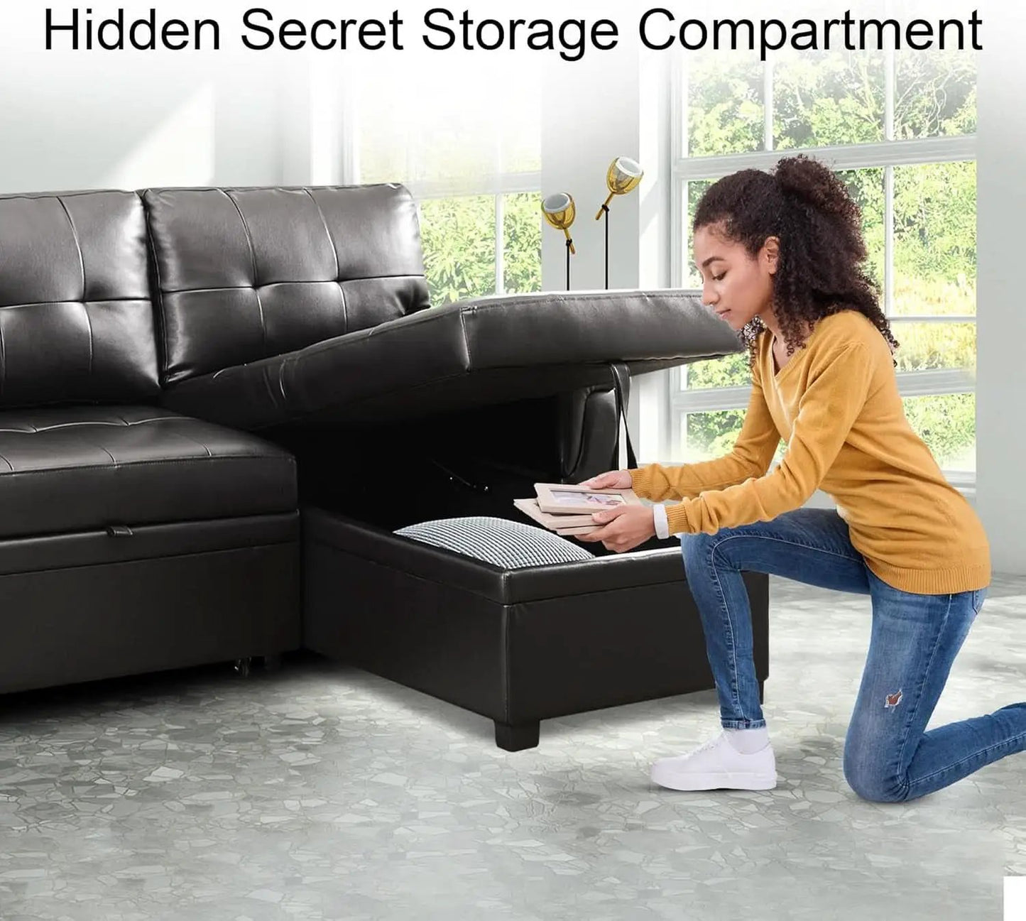 Sleeper Sectional Sofa Black Leather With Convertible Bed from PriceLows™