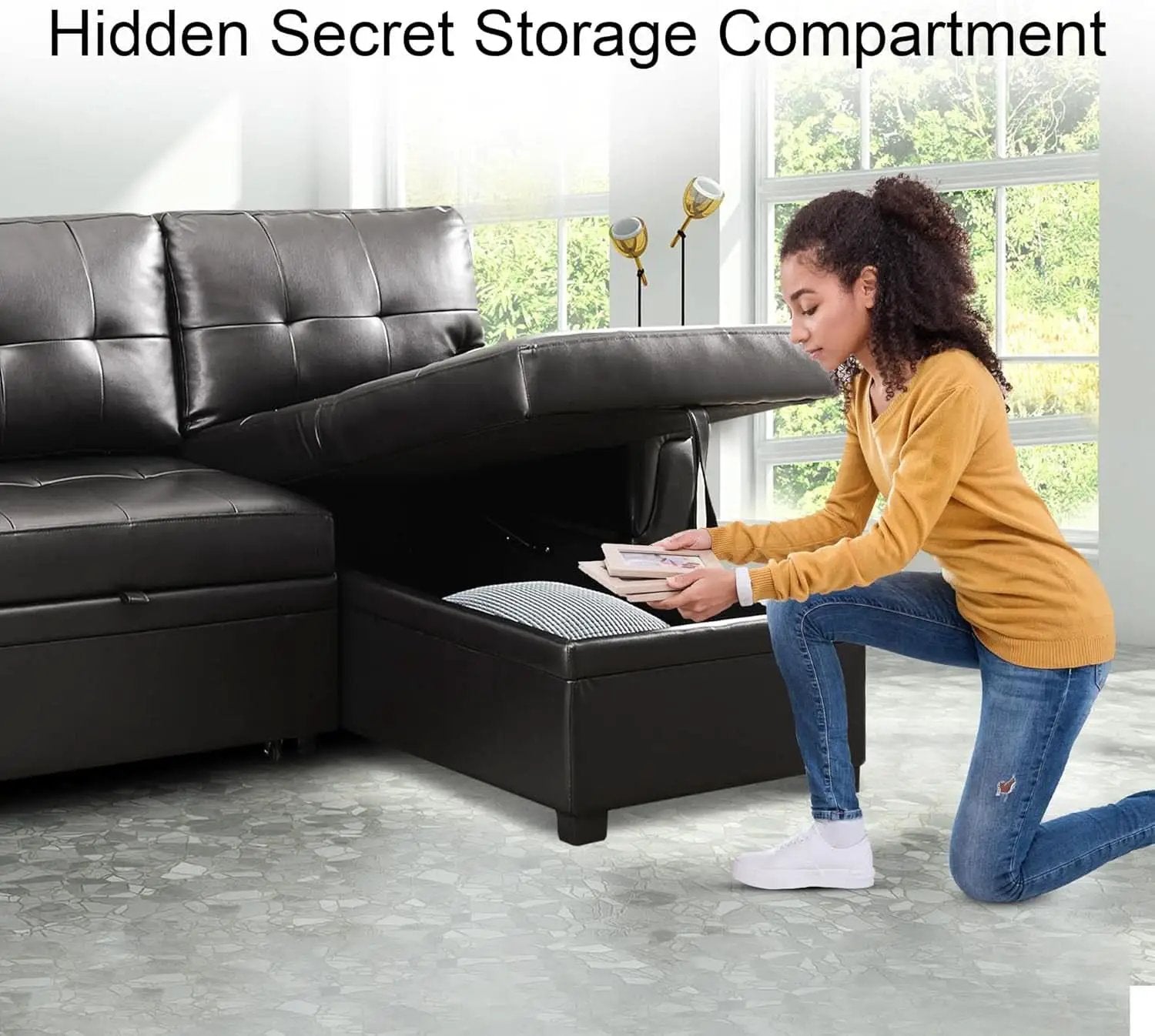 Sleeper Sectional Sofa Black Leather With Convertible Bed from PriceLows™