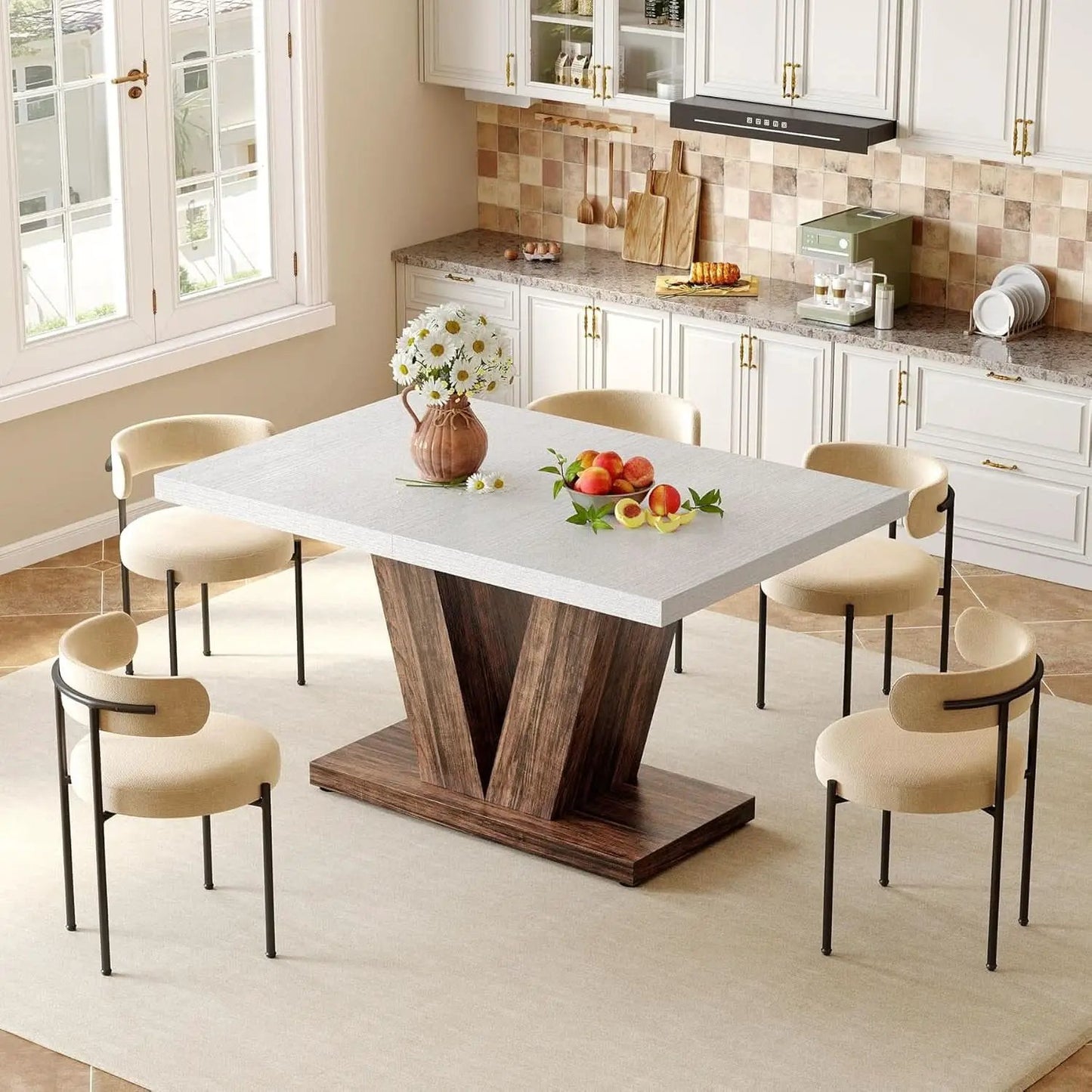 47 Inch White Rectangular Dining Table With Rustic Pedestal from PriceLows™
