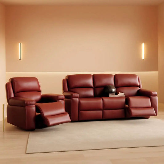 Manual Recliner Sofa Set Red Bonded Leather With Cup Holders