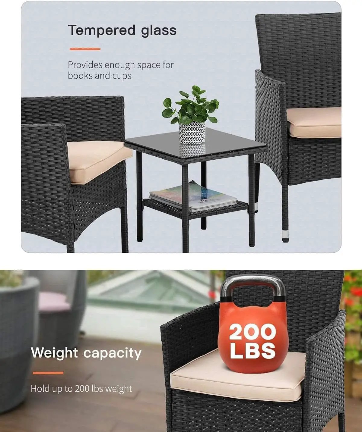 Wicker Bistro Set Cushioned Chairs Coffee Table Black Beige from PriceLows™