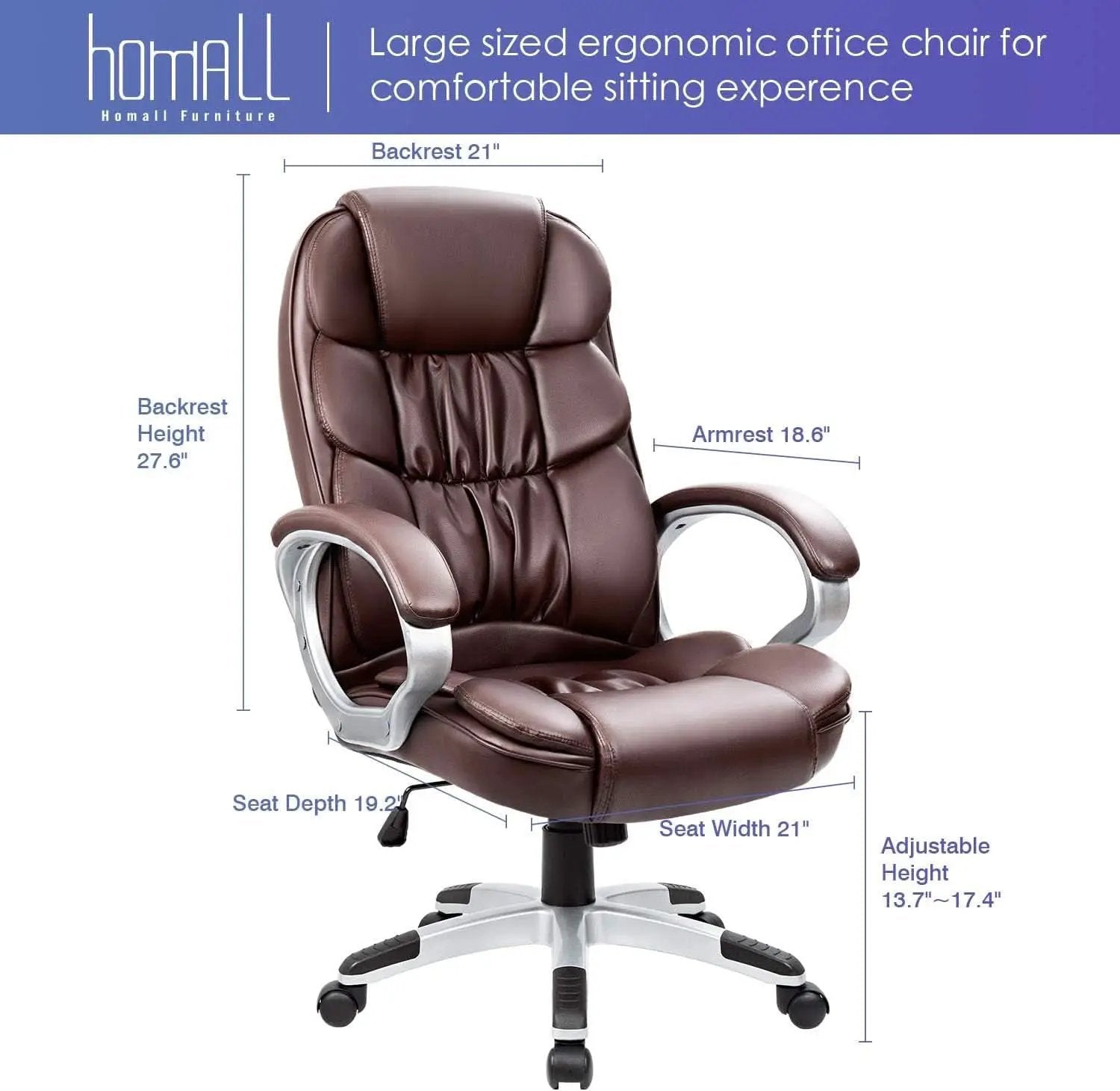 Ergonomic High Back Office Chair Lumbar Brown PU Leather from PriceLows™