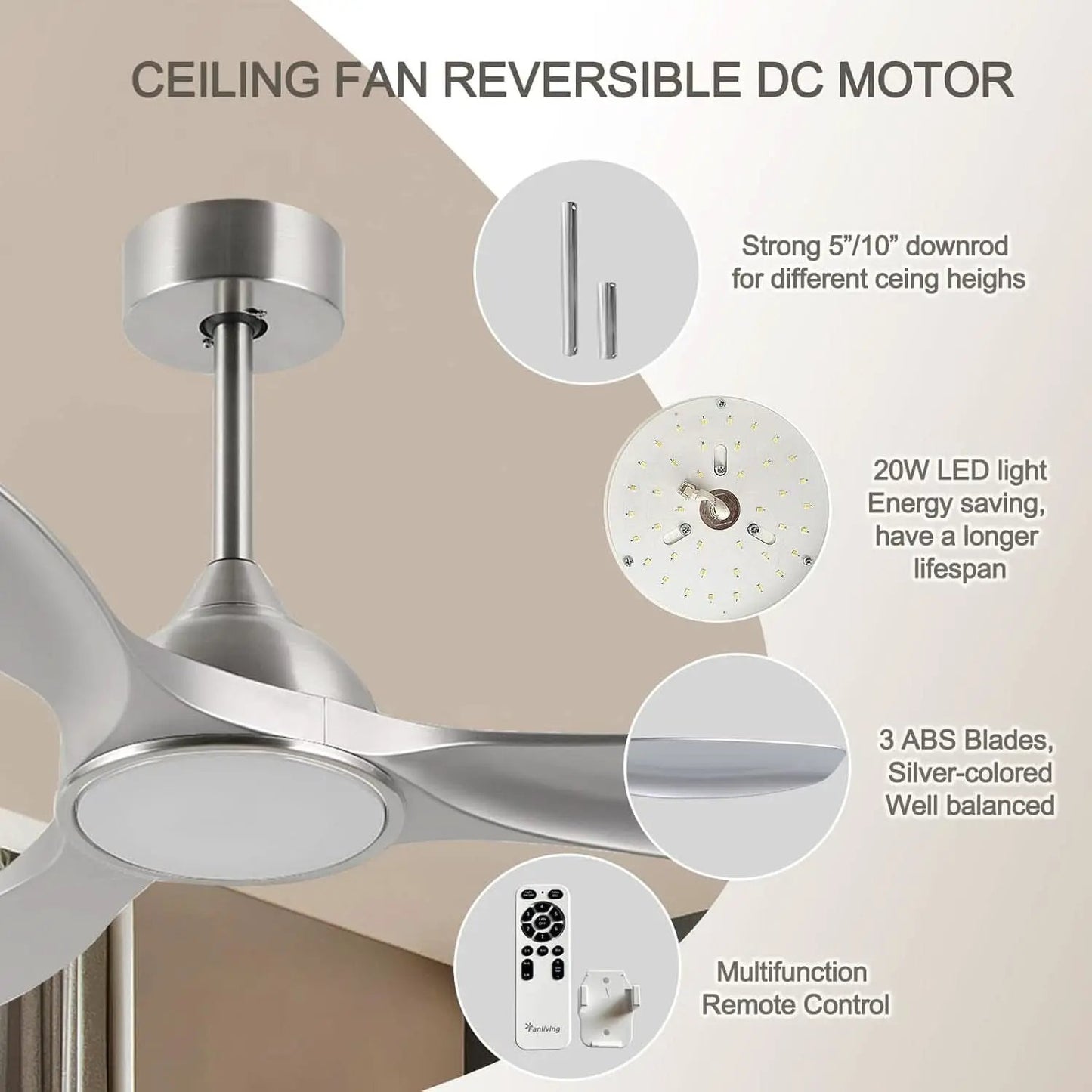 52 Inch Quiet DC Motor Ceiling Fan With LED Lights Remote Control from PriceLows™