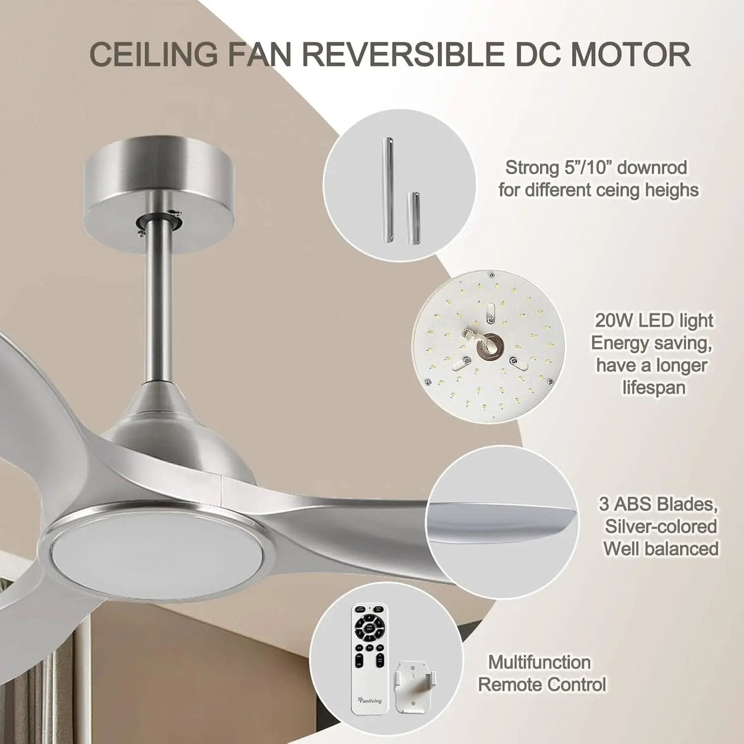52 Inch Quiet DC Motor Ceiling Fan With LED Lights Remote Control from PriceLows™