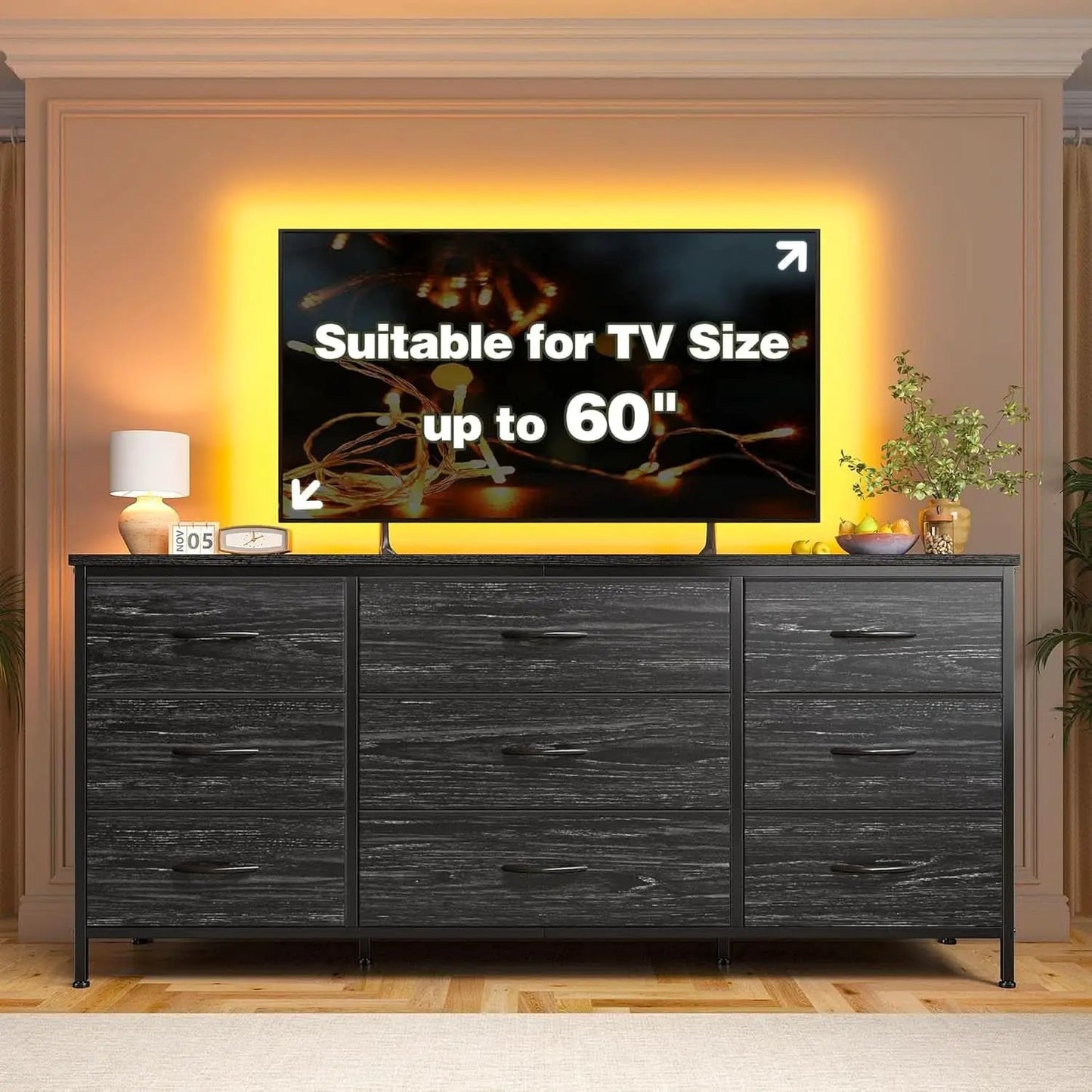 Dresser TV Stand for 60 Inch TV, 9 Drawer, Charcoal Black from PriceLows™