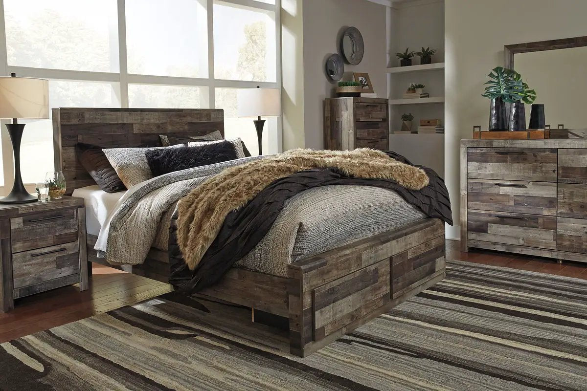 Derekson Panel Bedroom Set | 4-Piece | Rustic Butcher Block Finish | Replicated Pine Grain