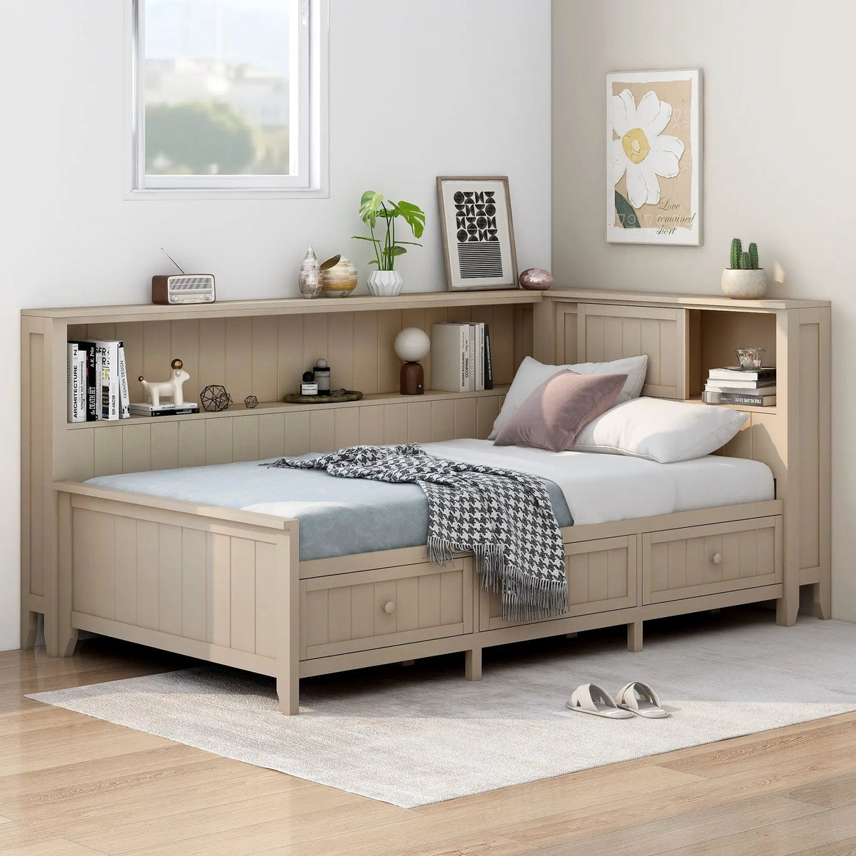 Daybed With Storage Shelves | Sliding Door Side Shelves | Farmhouse Style | 10 Wood Slats