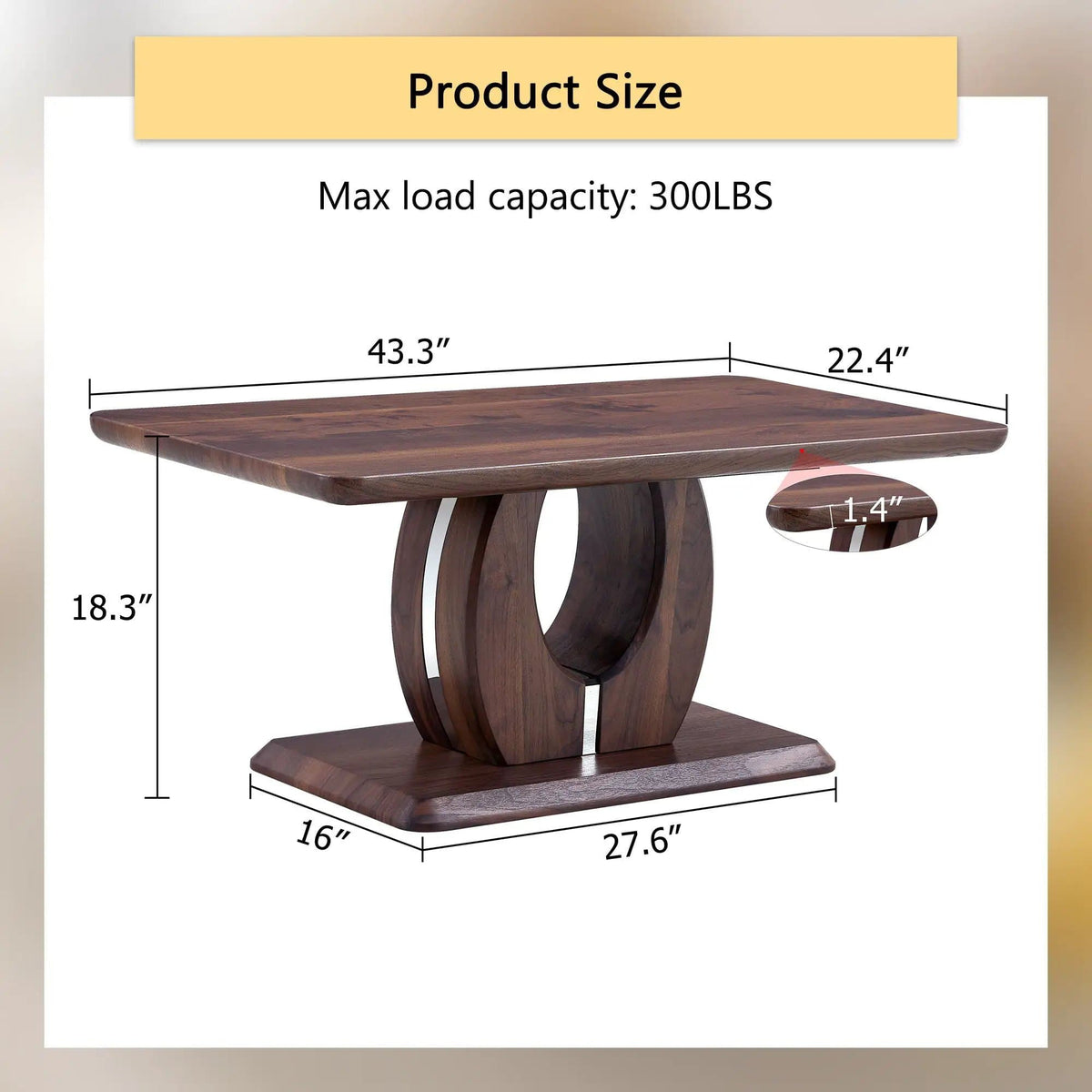 Modern, Minimalist Rectangular Coffee Table | 43.3 x 22.4 x 18.3 in | Walnut | Living Room