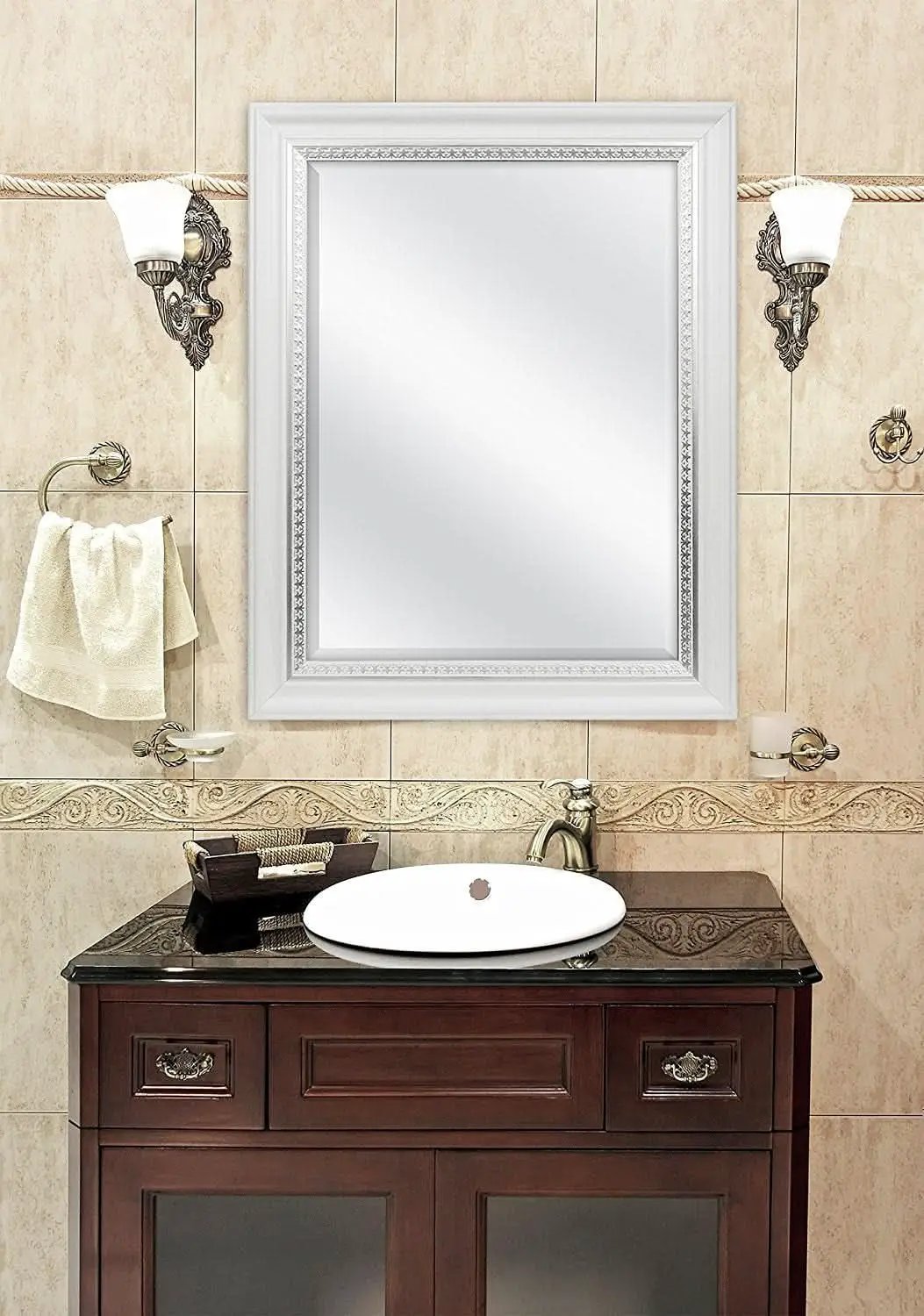 23x29 White Woodgrain Wall Mirror With Beveled Edge from PriceLows™