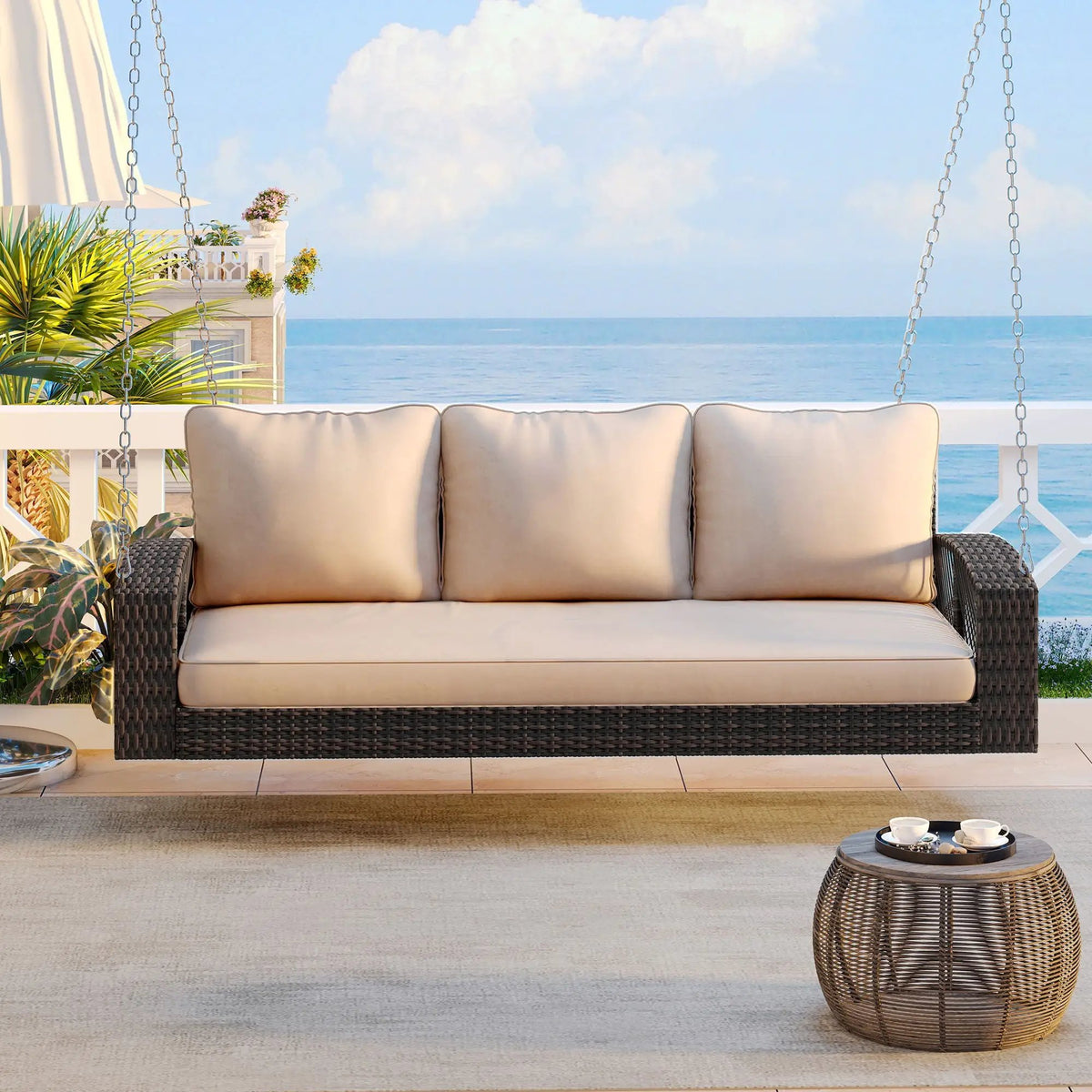 3 Person Patio Swing Bench | Hand-Woven PE Rattan | Cushions Included | Double-Strand Weave
