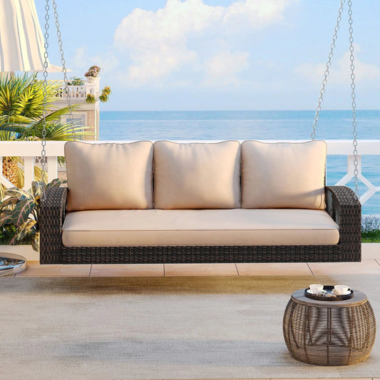 3 Person Patio Swing Bench | Hand-Woven PE Rattan | Cushions Included | Double-Strand Weave
