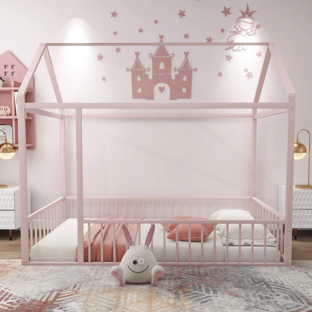 Kids Metal Bed Frame | Roof And Side Fence | Semi Enclosed Space | Three Colors